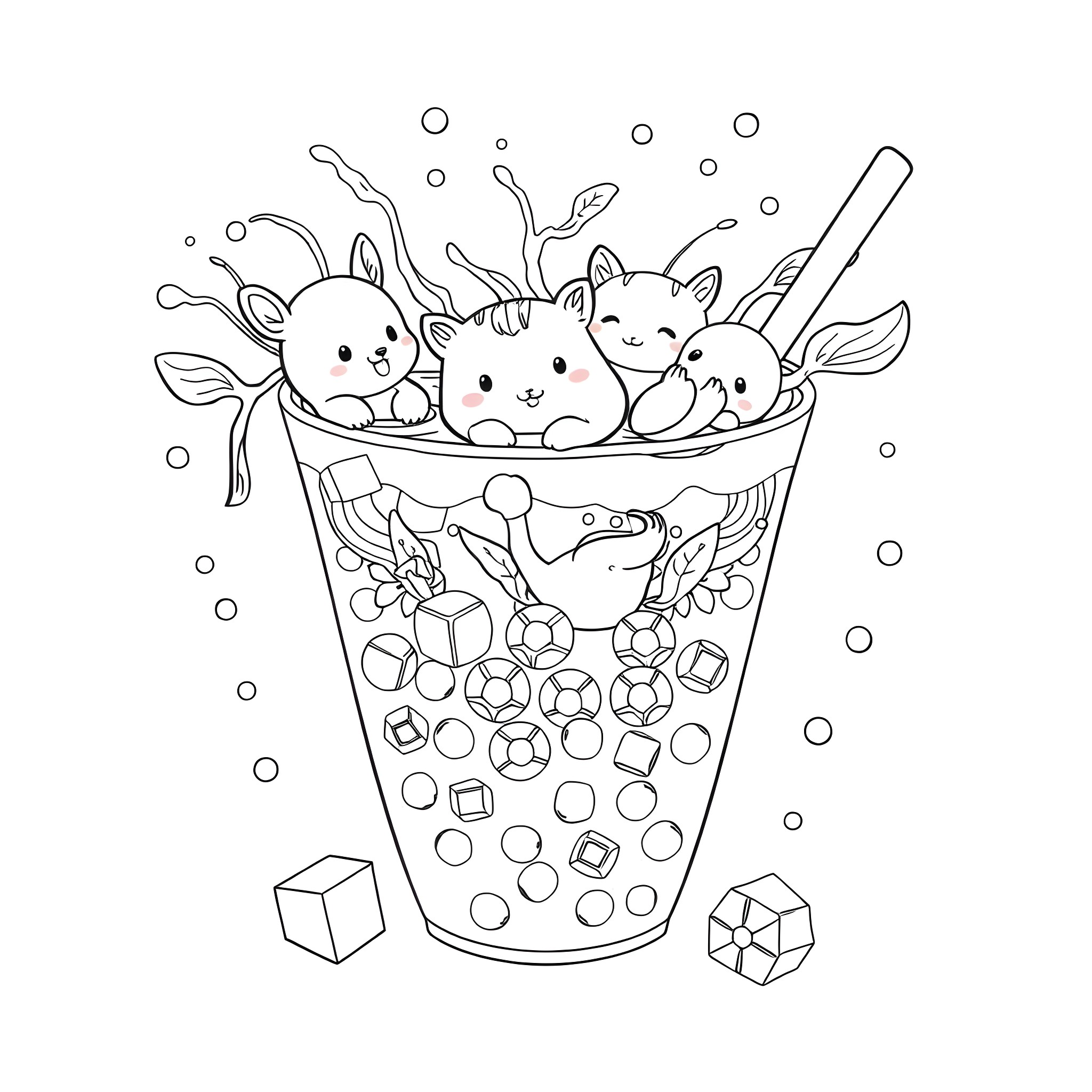 Animal friends in a bubbly bath Coloring Page (free black-and-white line drawing printable PDF for all, from beginners to advanced learners, including children, teens, adults, and seniors)