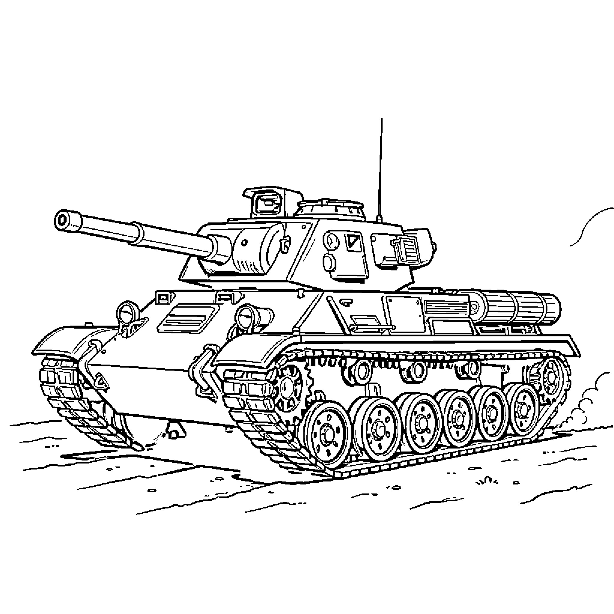 SU 152 tank in battlefield scene Coloring Page (free black-and-white line drawing printable PDF for all, from beginners to advanced learners, including children, teens, adults, and seniors)