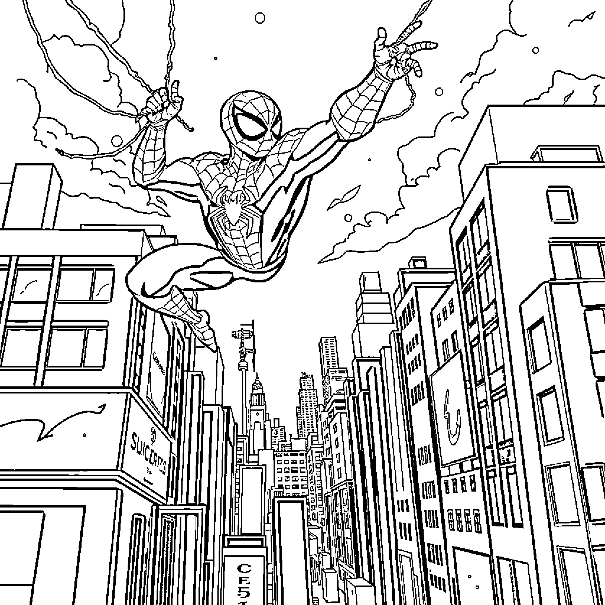 Spider-Man swinging through the city skyscrapers Coloring Page (free black-and-white line drawing printable PDF for all, from beginners to advanced learners, including children, teens, adults, and seniors)