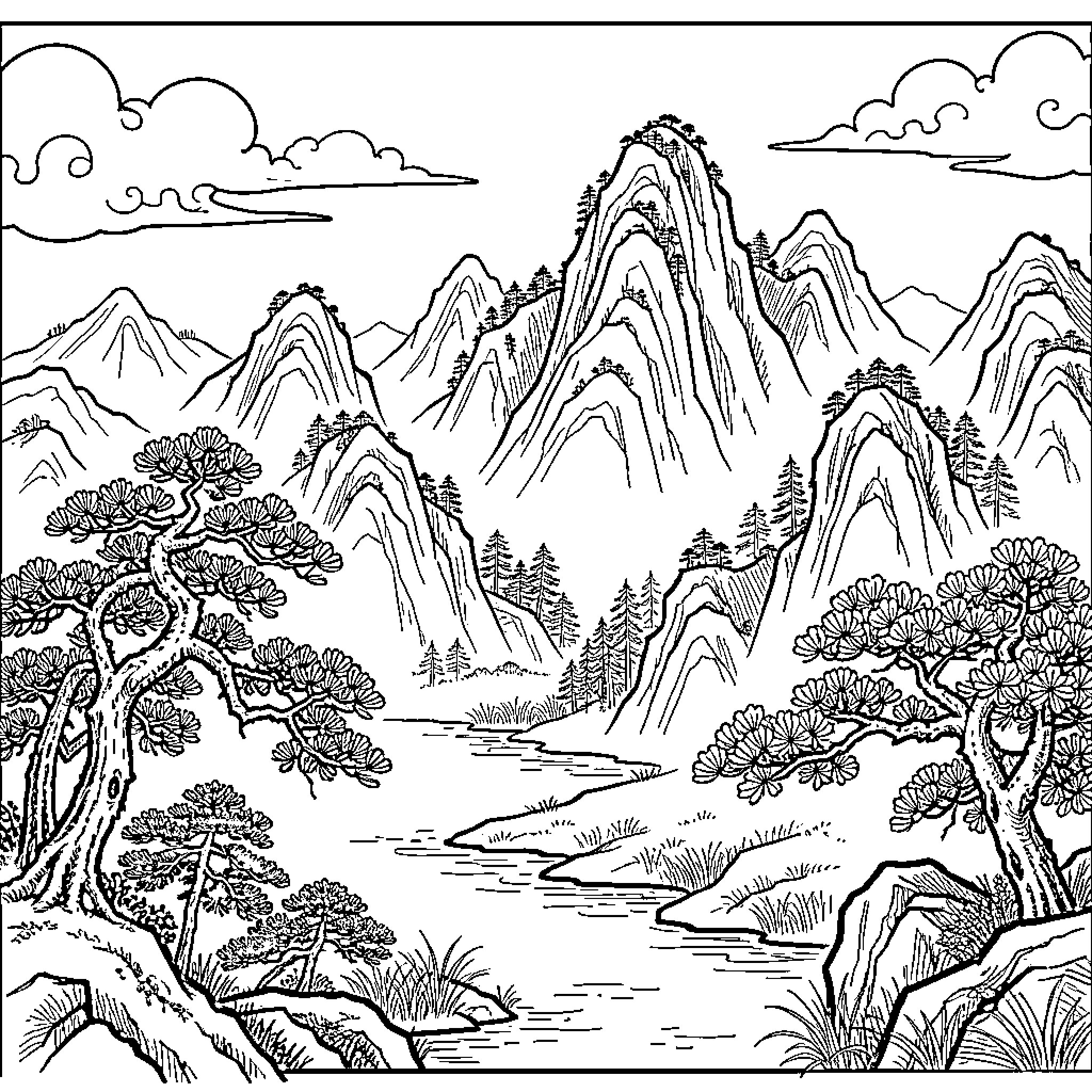 Mountain landscape featuring a flowing river and pine trees Coloring Page (free black-and-white line drawing printable PDF for all, from beginners to advanced learners, including children, teens, adults, and seniors)