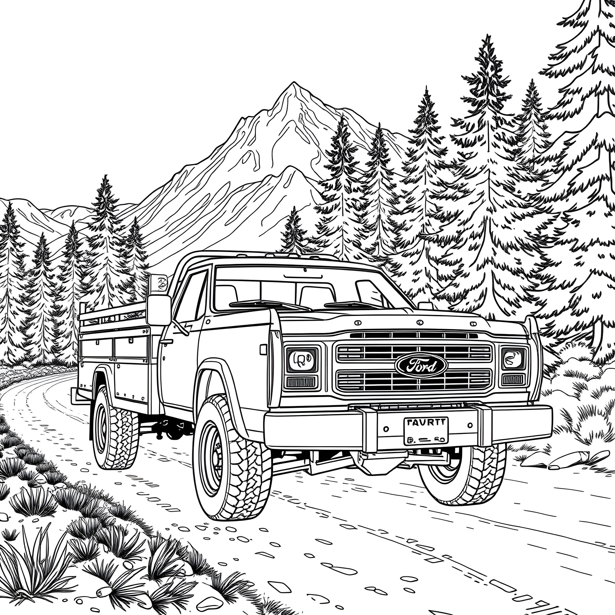 Ford Truck Driving Through Snowy Mountain Landscape Coloring Page (free black-and-white line drawing printable PDF for all, from beginners to advanced learners, including children, teens, adults, and seniors)