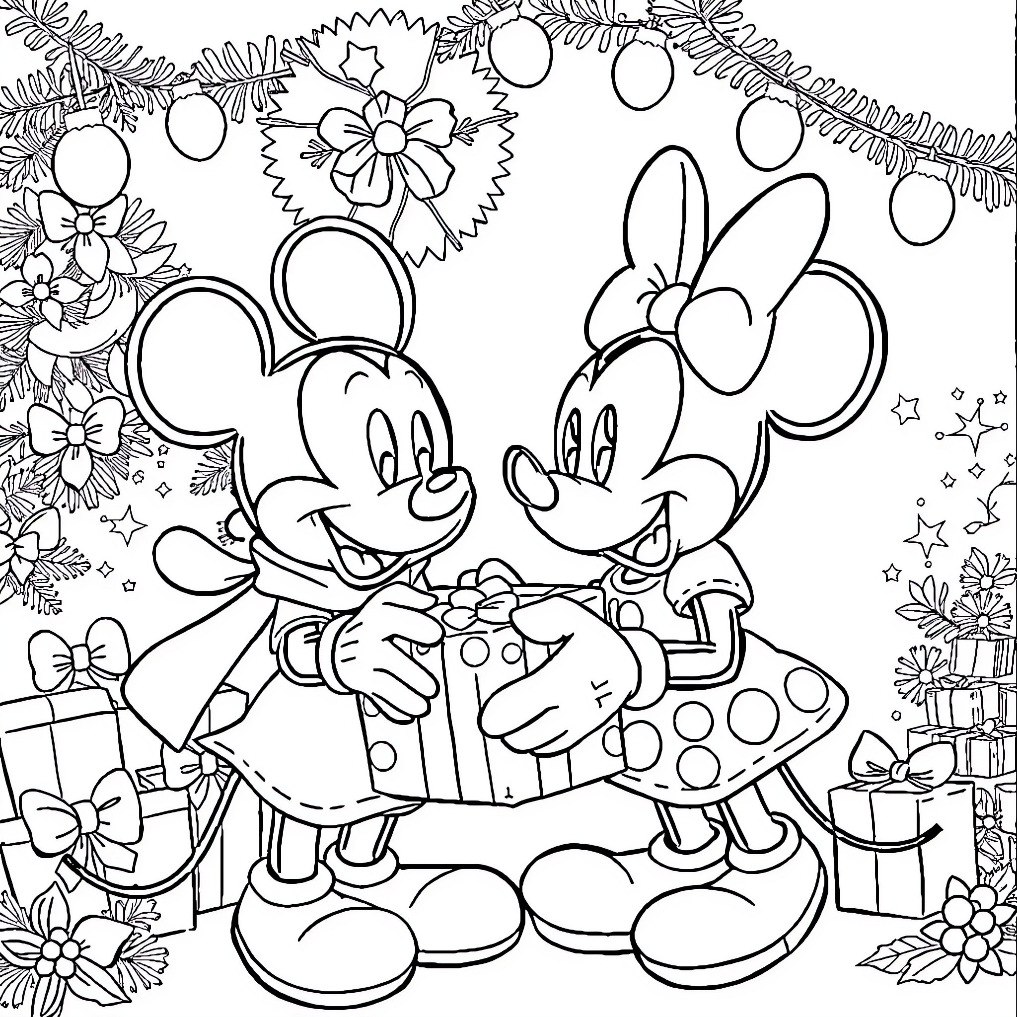 Mickey Mouse and Minnie Mouse celebrating together Coloring Page (free black-and-white line drawing printable PDF for all, from beginners to advanced learners, including children, teens, adults, and seniors)