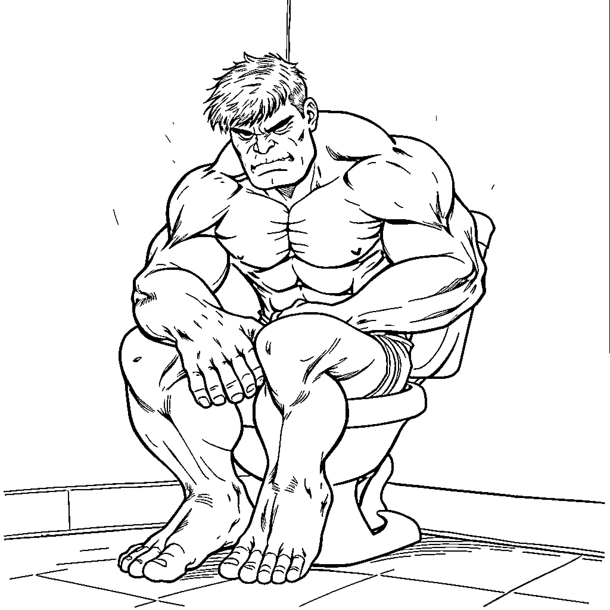 Hulk Contemplative in Solitude Coloring Page (free black-and-white line drawing printable PDF for all, from beginners to advanced learners, including children, teens, adults, and seniors)