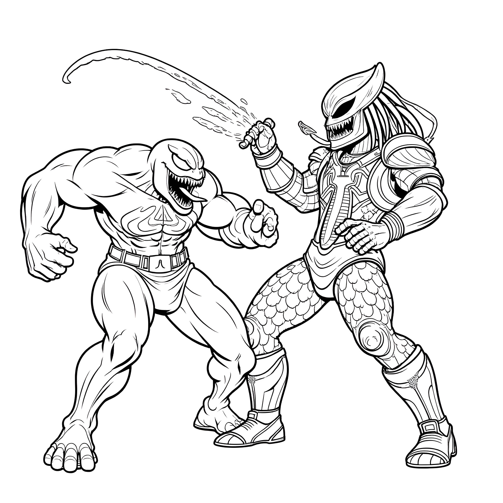 Venom in Fierce Battle with Armored Warrior Coloring Page (free black-and-white line drawing printable PDF for all, from beginners to advanced learners, including children, teens, adults, and seniors)