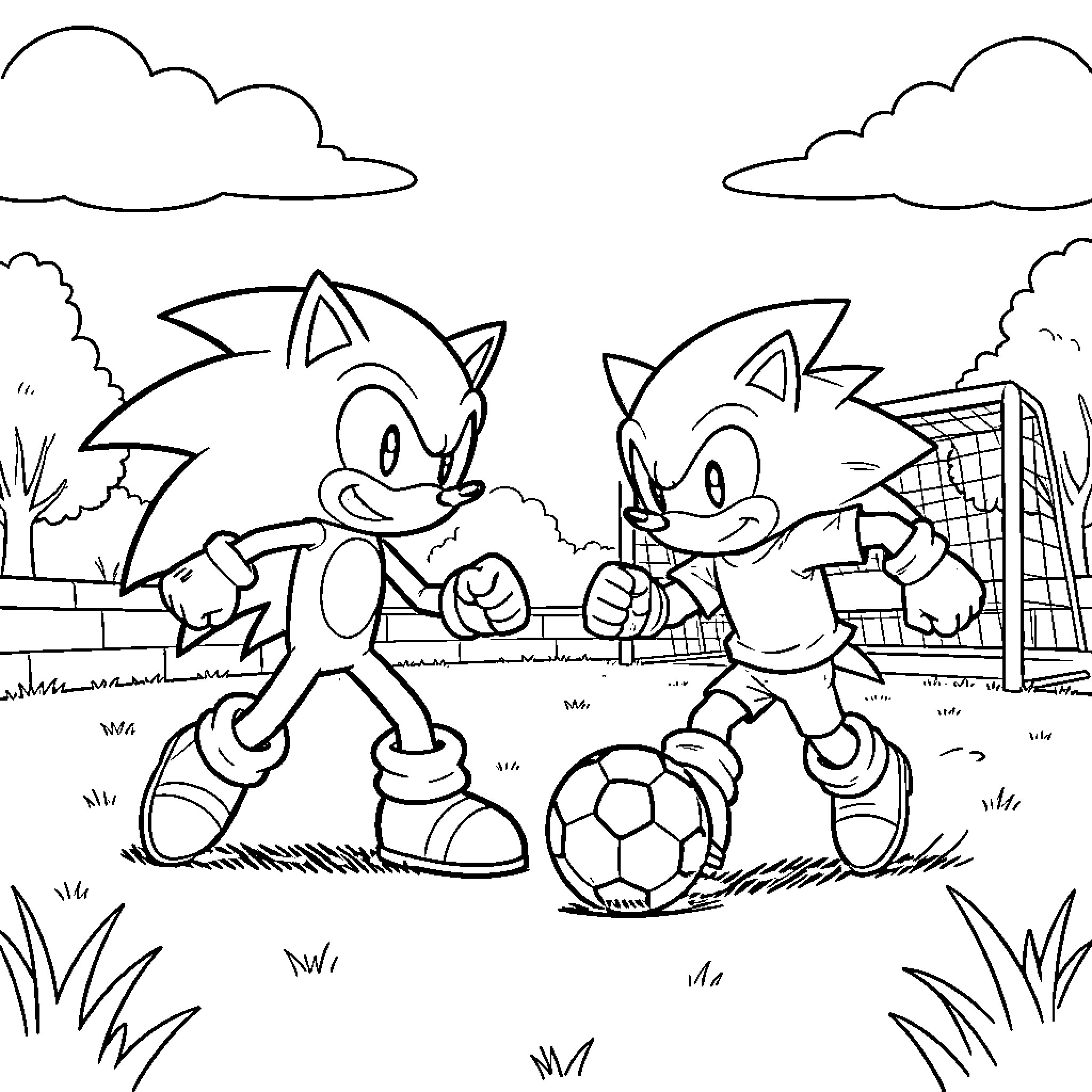 Sonic characters playing a competitive game of soccer Coloring Page (free black-and-white line drawing printable PDF for all, from beginners to advanced learners, including children, teens, adults, and seniors)