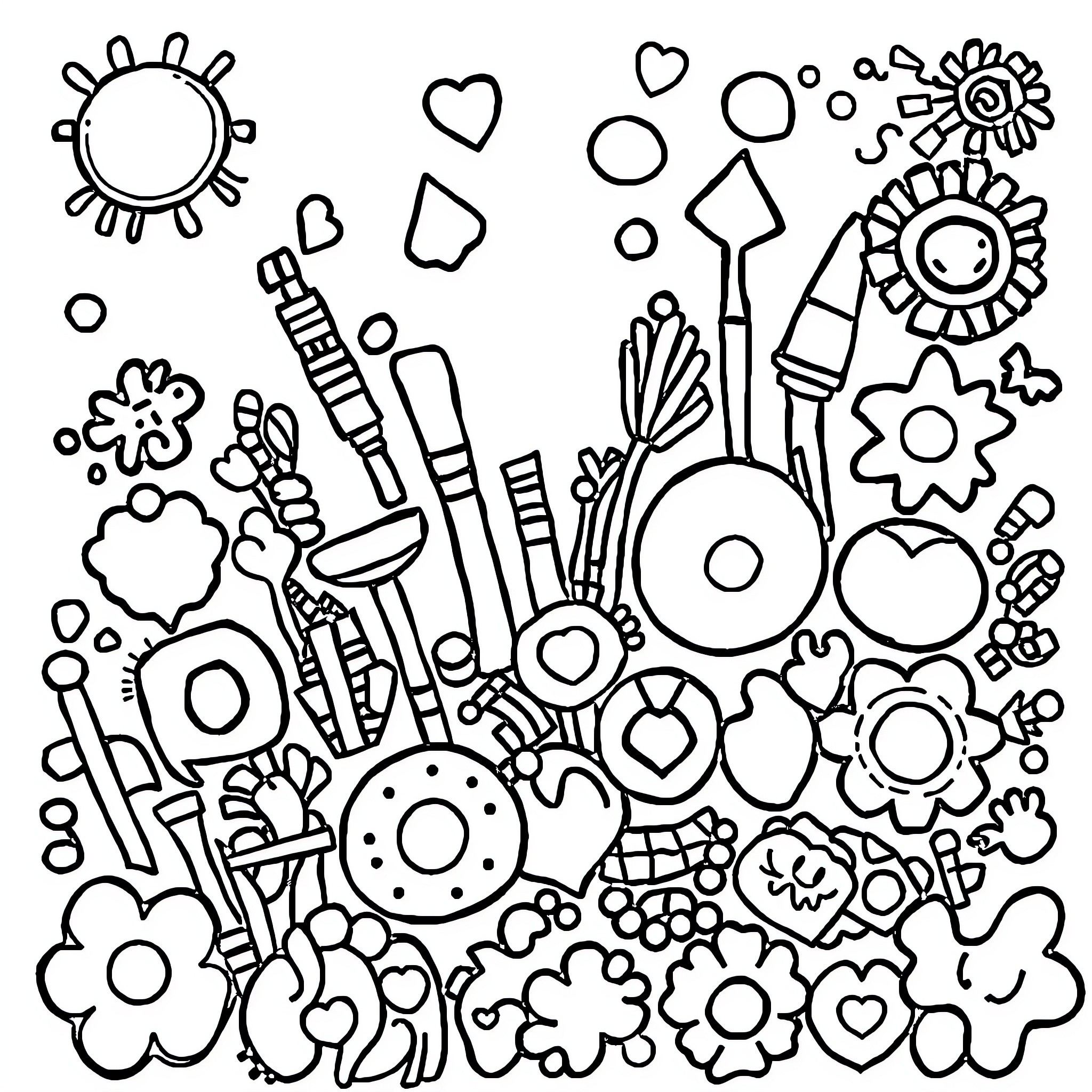 Doodle of playful abstract shapes and patterns Coloring Page (free black-and-white line drawing printable PDF for all, from beginners to advanced learners, including children, teens, adults, and seniors)