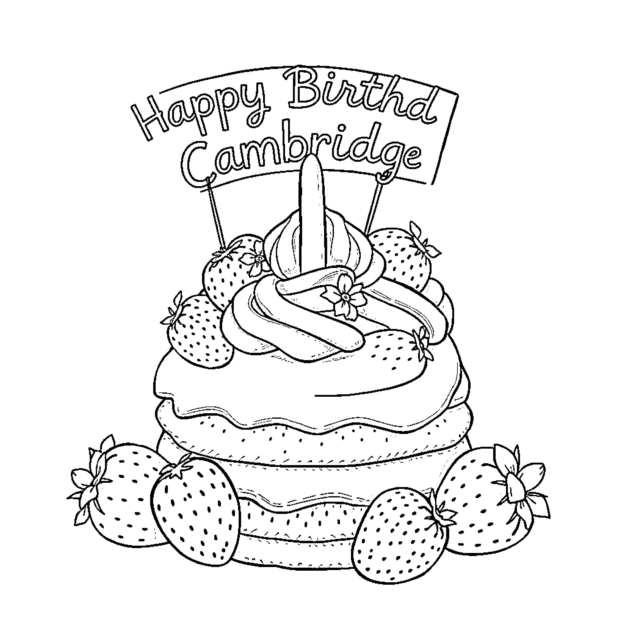 Strawberry Shortcake with Birthday Greetings Coloring Page (free black-and-white line drawing printable PDF for all, from beginners to advanced learners, including children, teens, adults, and seniors)
