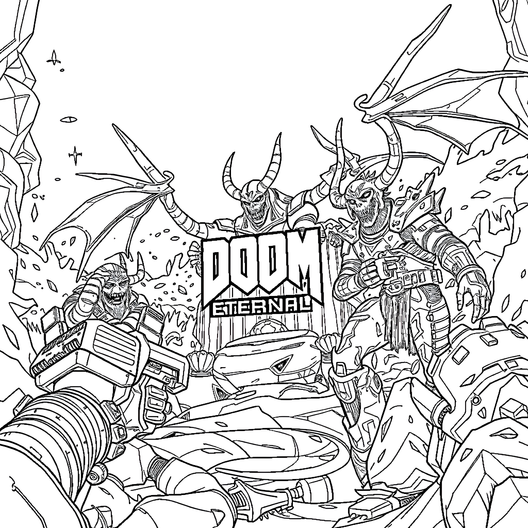 Doom Eternal - Chaotic Battle with Demonic Creatures Coloring Page (free black-and-white line drawing printable PDF for all, from beginners to advanced learners, including children, teens, adults, and seniors)