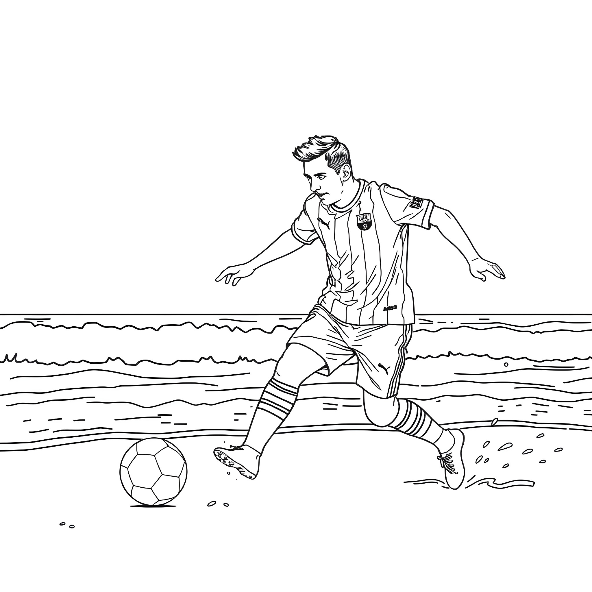 Lionel Messi dribbling soccer ball on the beach Coloring Page (free black-and-white line drawing printable PDF for all, from beginners to advanced learners, including children, teens, adults, and seniors)