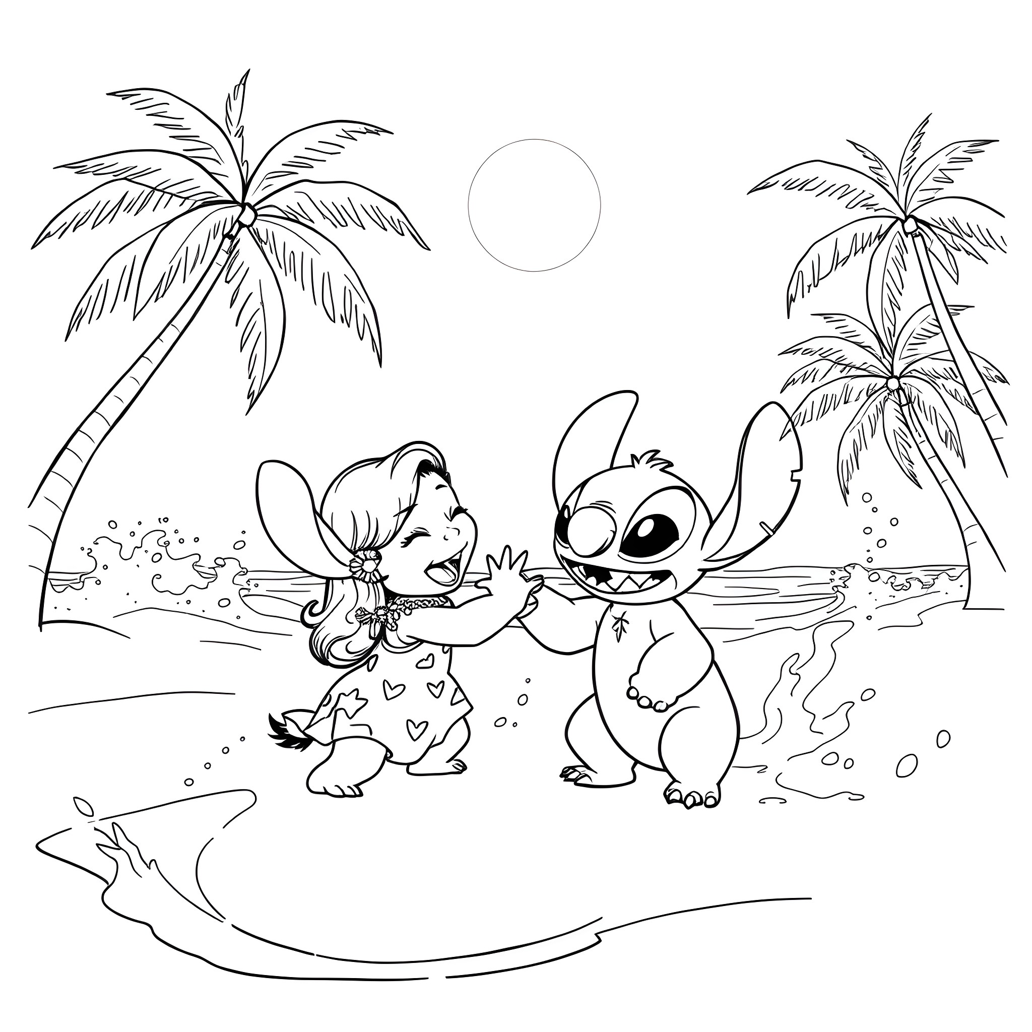 Lilo And Stitch playing joyfully on the beach Coloring Page (free black-and-white line drawing printable PDF for all, from beginners to advanced learners, including children, teens, adults, and seniors)