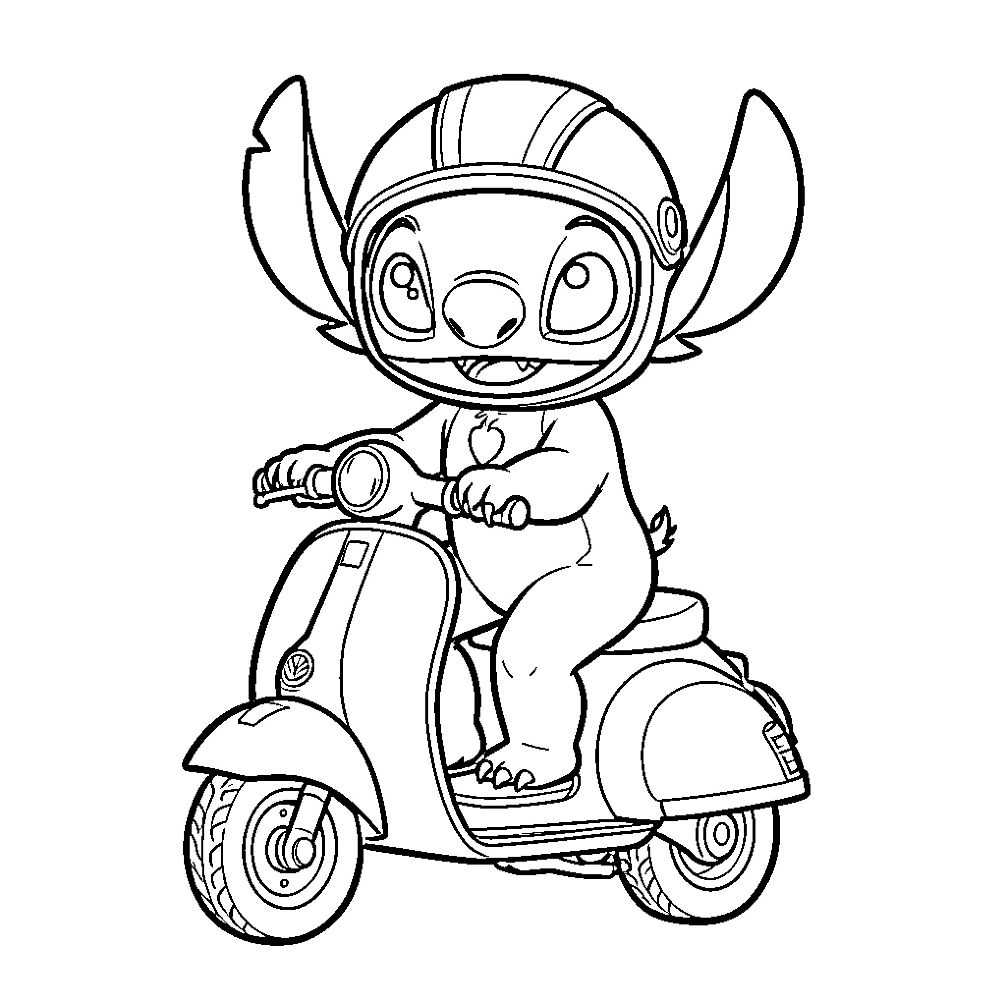 Stitch riding a scooter happily Coloring Page (free black-and-white line drawing printable PDF for all, from beginners to advanced learners, including children, teens, adults, and seniors)