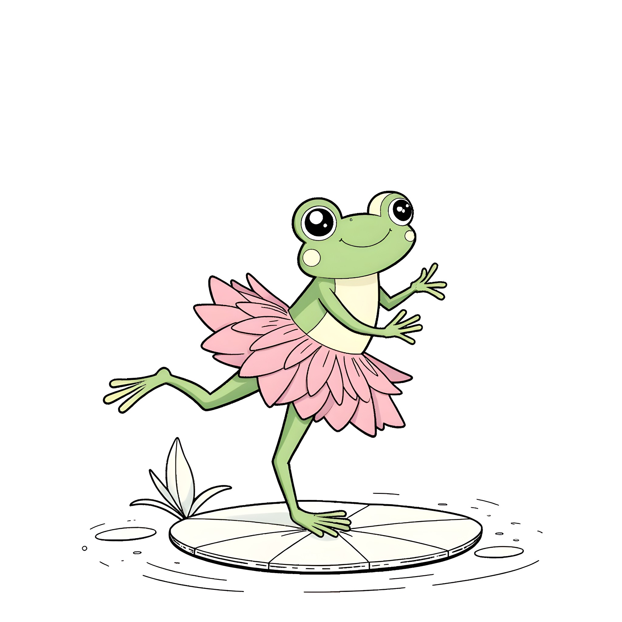 Frog ballet dancer on a lily pad Coloring Page (free black-and-white line drawing printable PDF for all, from beginners to advanced learners, including children, teens, adults, and seniors)