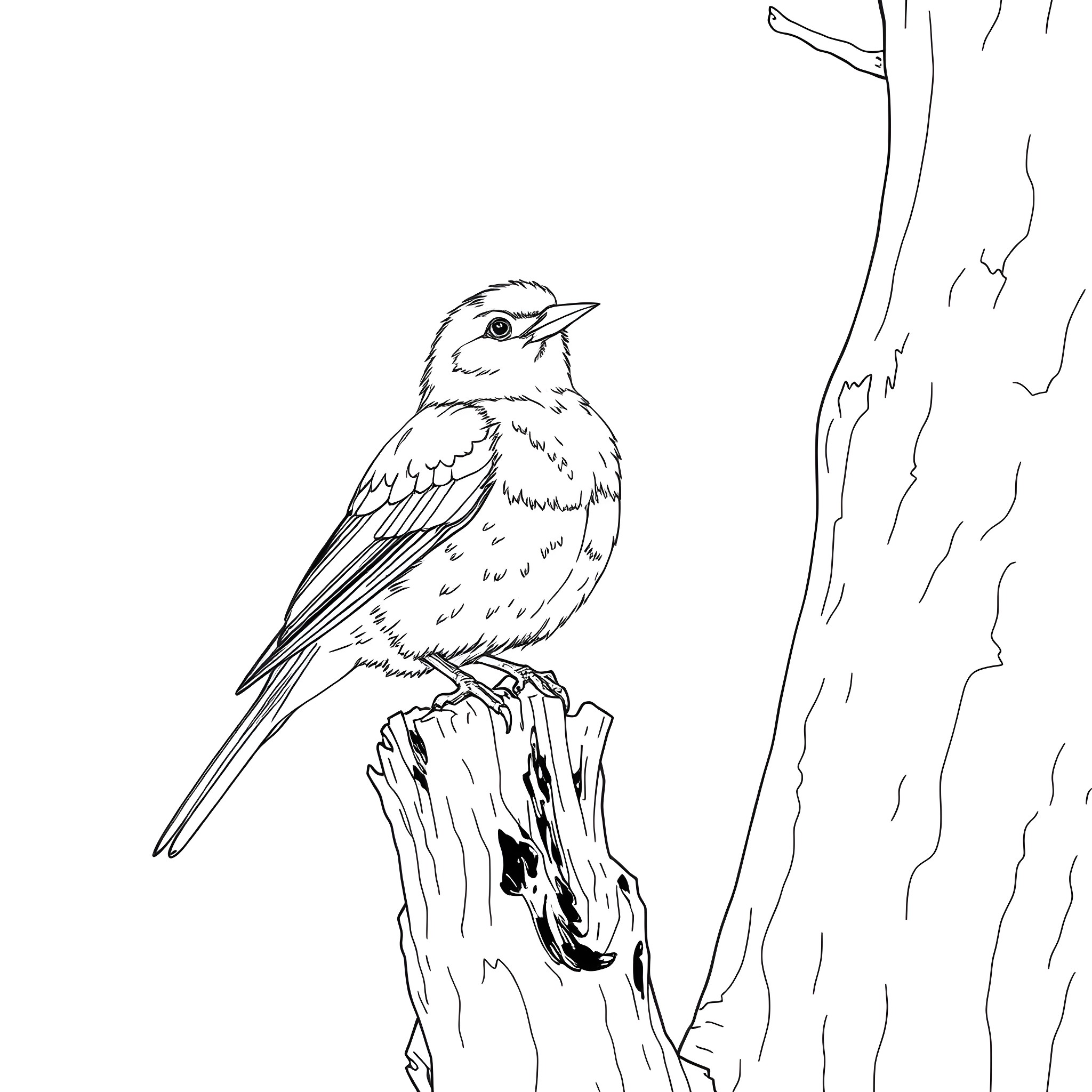Saffron Finch perched on a tree branch Coloring Page (free black-and-white line drawing printable PDF for all, from beginners to advanced learners, including children, teens, adults, and seniors)