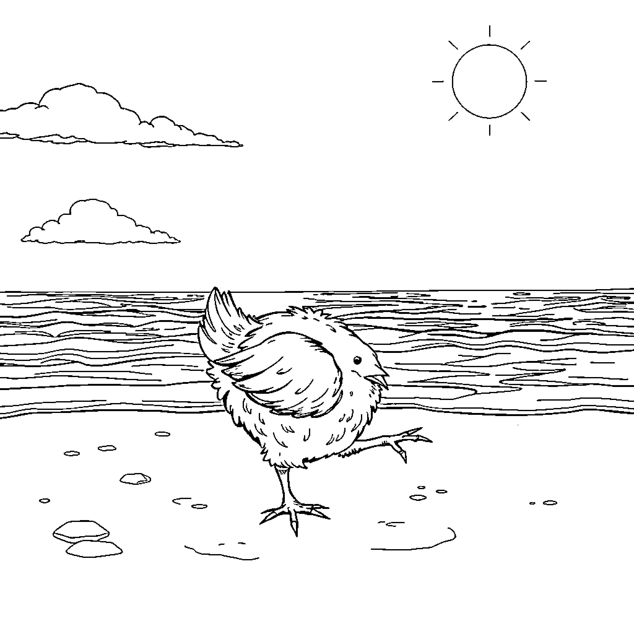 Chick enjoying a sunny day by the sea Coloring Page (free black-and-white line drawing printable PDF for all, from beginners to advanced learners, including children, teens, adults, and seniors)