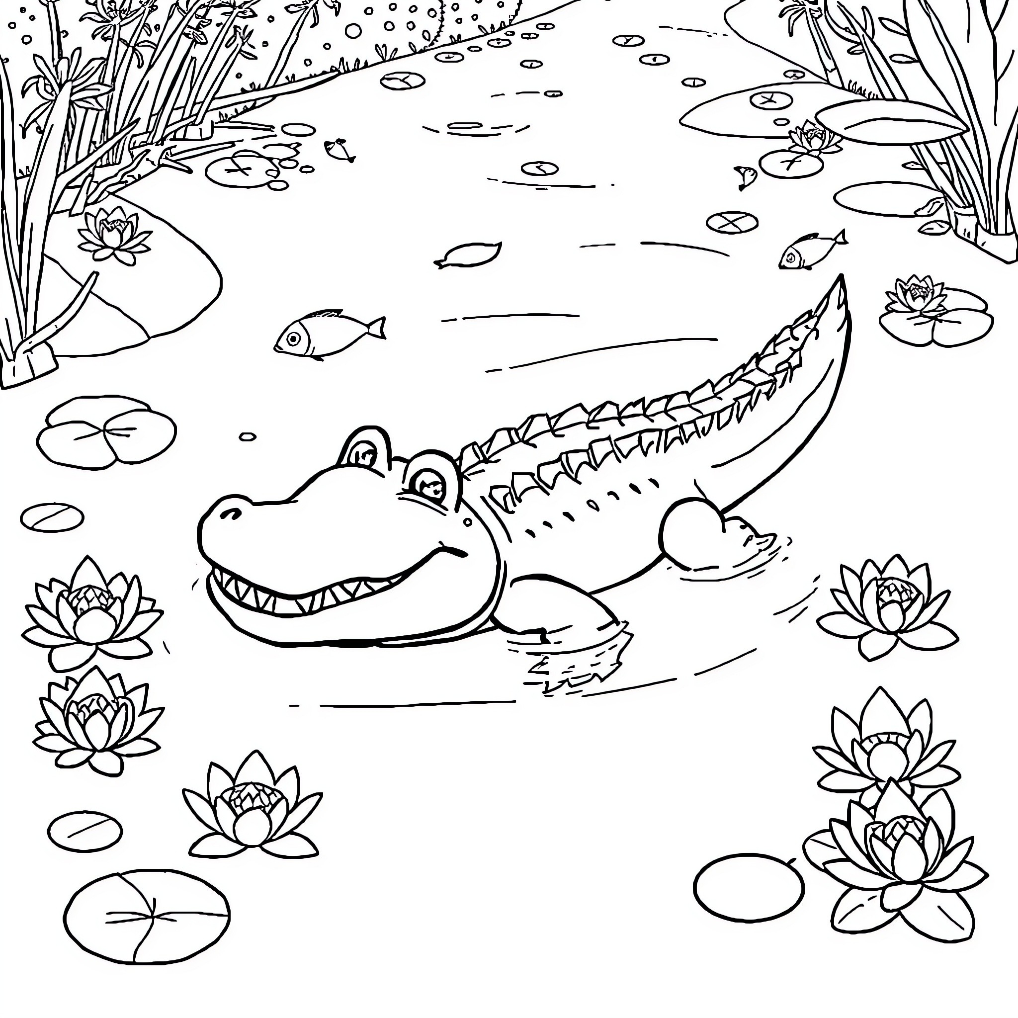 Crocodile swimming peacefully in a pond with lotus flowers Coloring Page (free black-and-white line drawing printable PDF for all, from beginners to advanced learners, including children, teens, adults, and seniors)