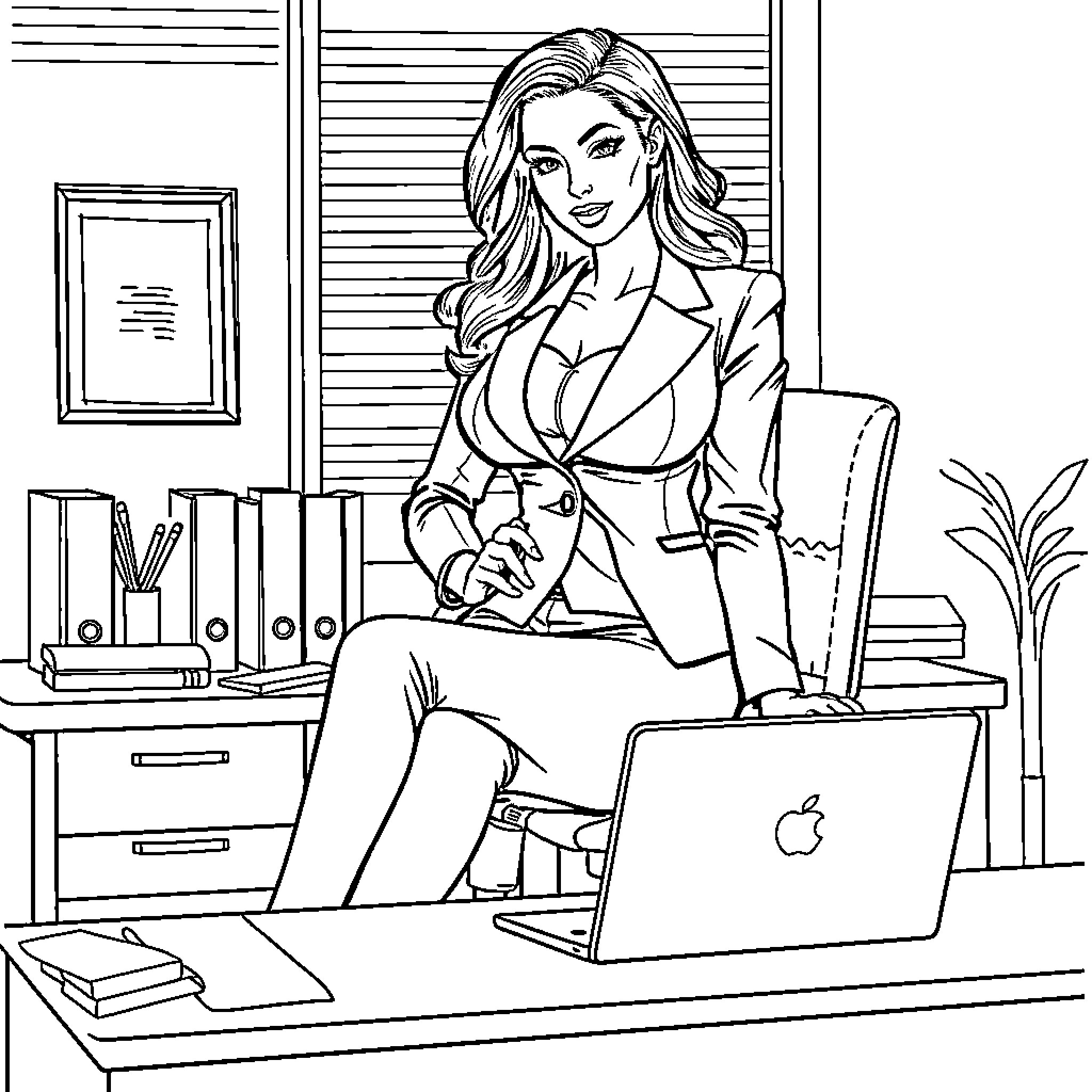 Lady in Formal Attire Working at Office Desk Coloring Page (free black-and-white line drawing printable PDF for all, from beginners to advanced learners, including children, teens, adults, and seniors)