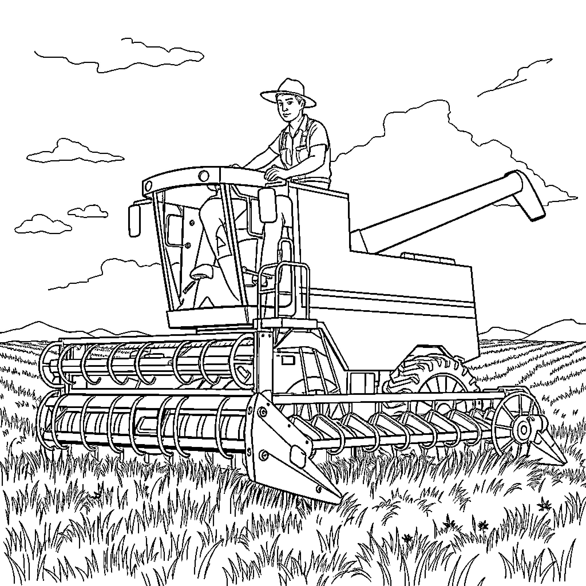 Farmer operating a large agricultural machinery in the field Coloring Page (free black-and-white line drawing printable PDF for all, from beginners to advanced learners, including children, teens, adults, and seniors)