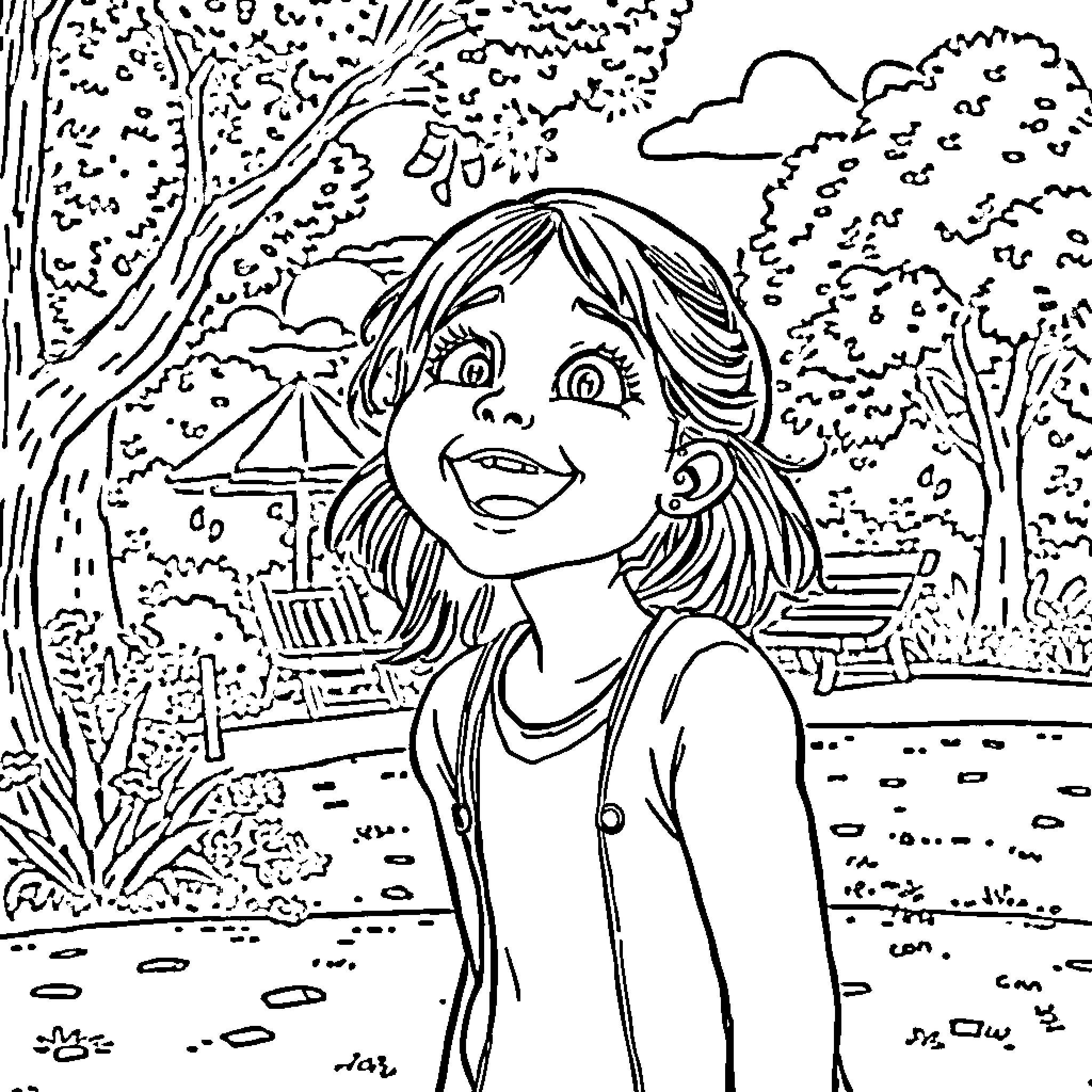 Girl Happily Exploring the Outdoor Playground Coloring Page (free black-and-white line drawing printable PDF for all, from beginners to advanced learners, including children, teens, adults, and seniors)