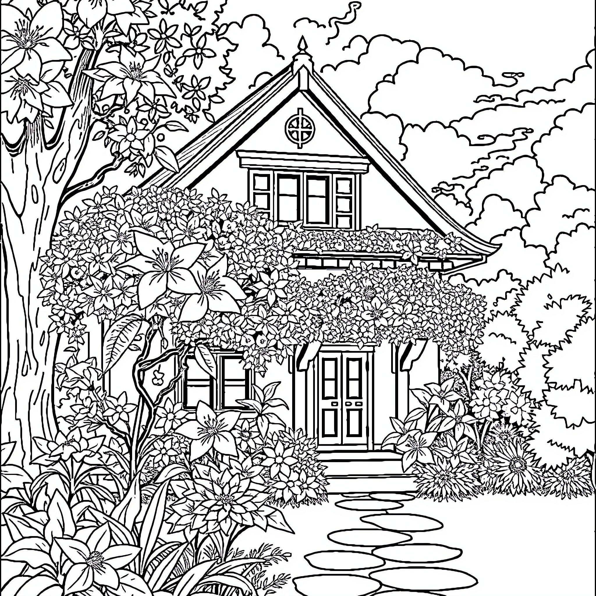 House Surrounded by Lush Floral Garden Coloring Page (free black-and-white line drawing printable PDF for all, from beginners to advanced learners, including children, teens, adults, and seniors)