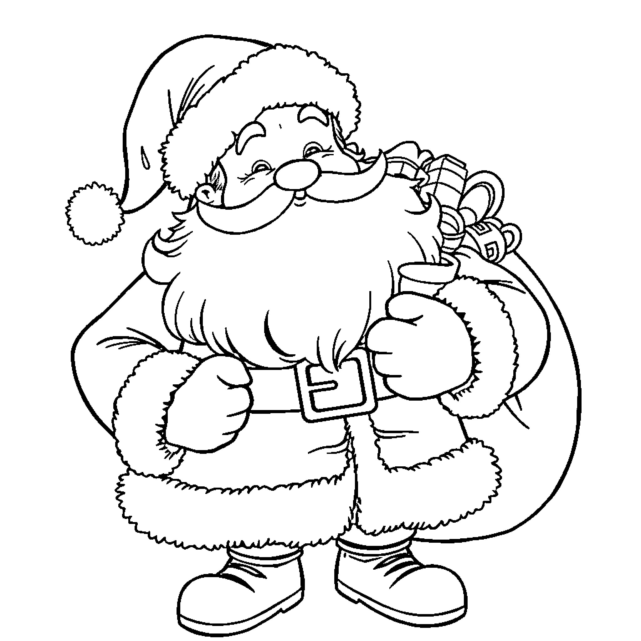 Santa Claus carrying a sack of presents Coloring Page (free black-and-white line drawing printable PDF for all, from beginners to advanced learners, including children, teens, adults, and seniors)