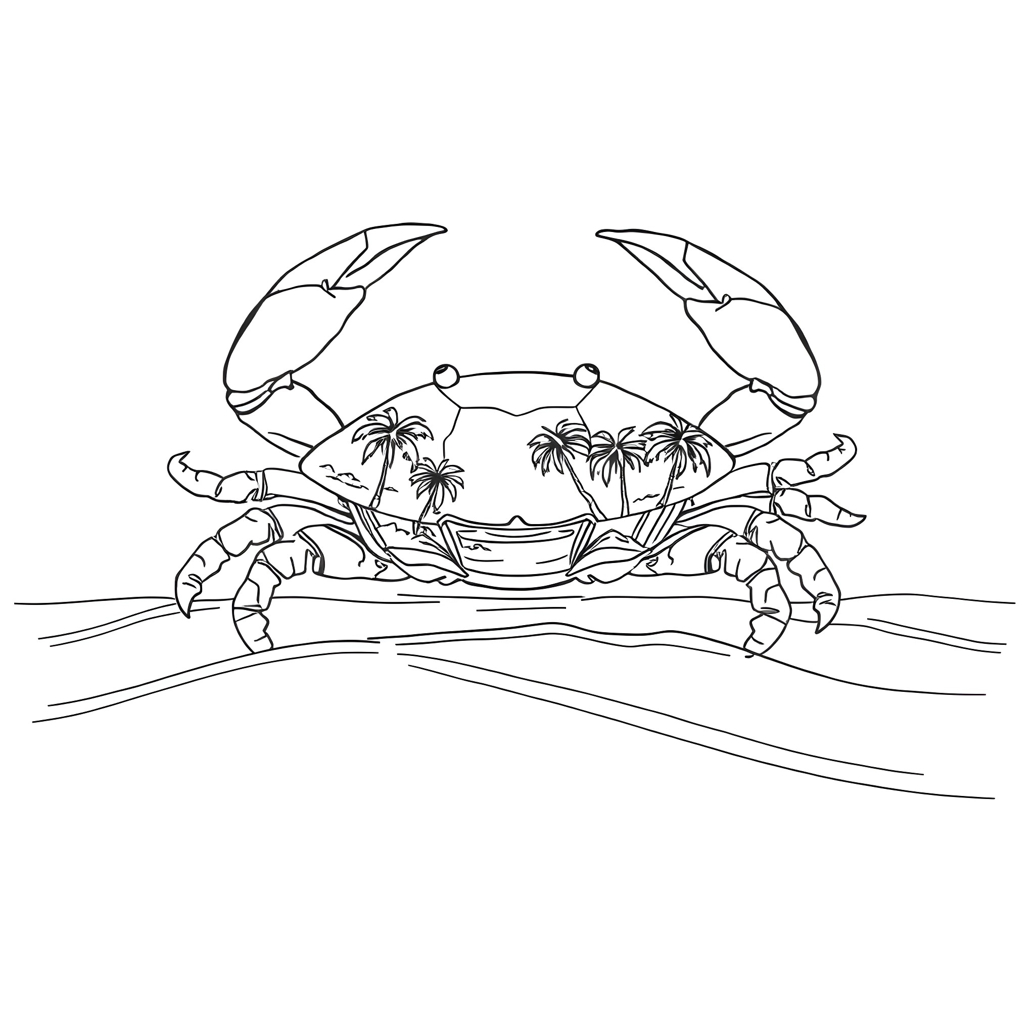 Crab relaxing on a tropical beach Coloring Page (free black-and-white line drawing printable PDF for all, from beginners to advanced learners, including children, teens, adults, and seniors)