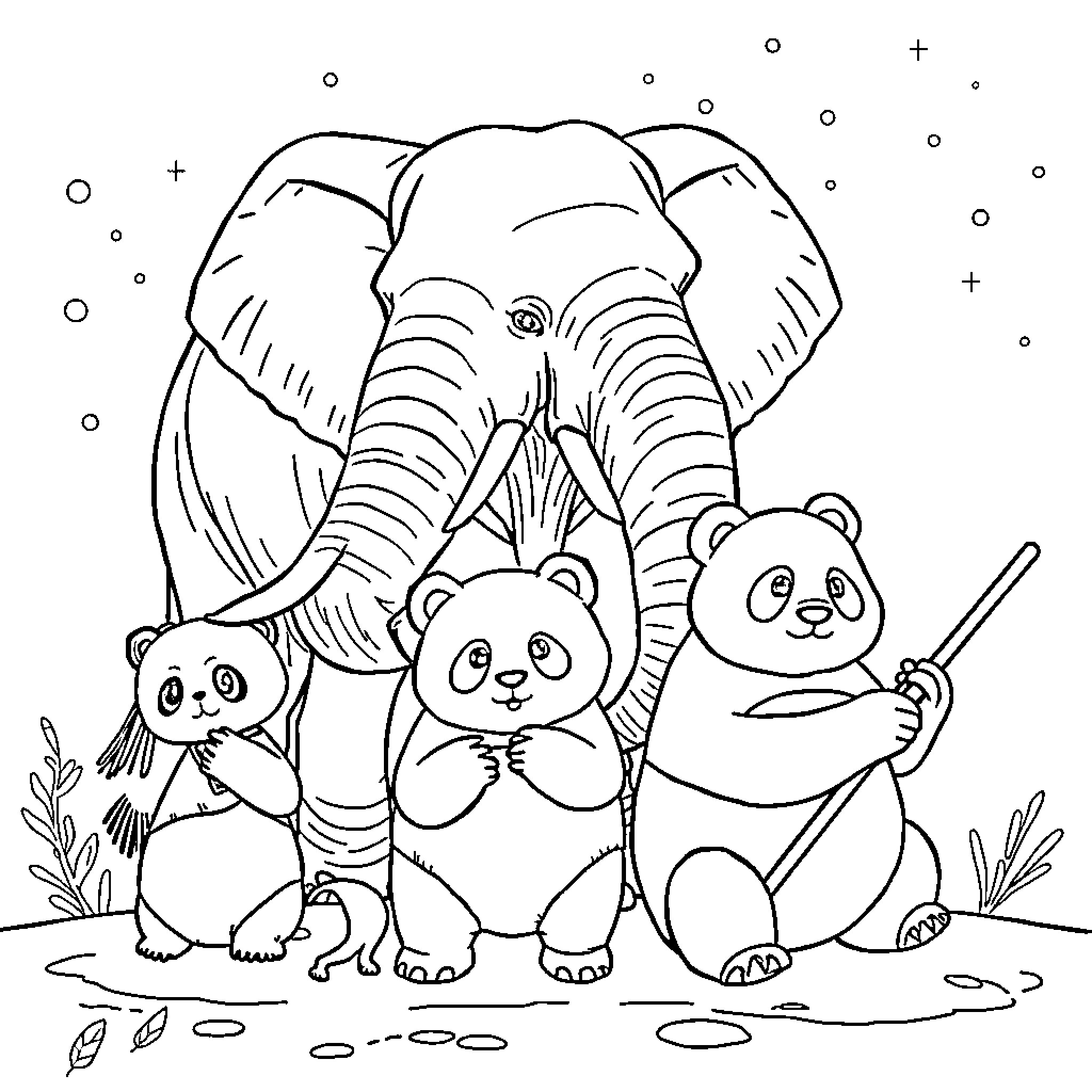 Panda bears playing with elephant in snowy landscape Coloring Page (free black-and-white line drawing printable PDF for all, from beginners to advanced learners, including children, teens, adults, and seniors)