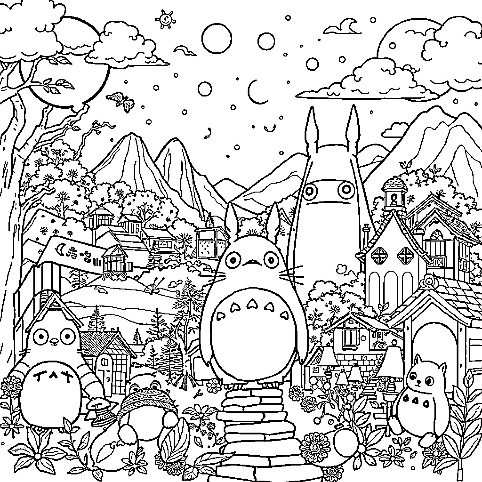 Studio Ghibli characters in a whimsical fantasy landscape Coloring Page (free black-and-white line drawing printable PDF for all, from beginners to advanced learners, including children, teens, adults, and seniors)