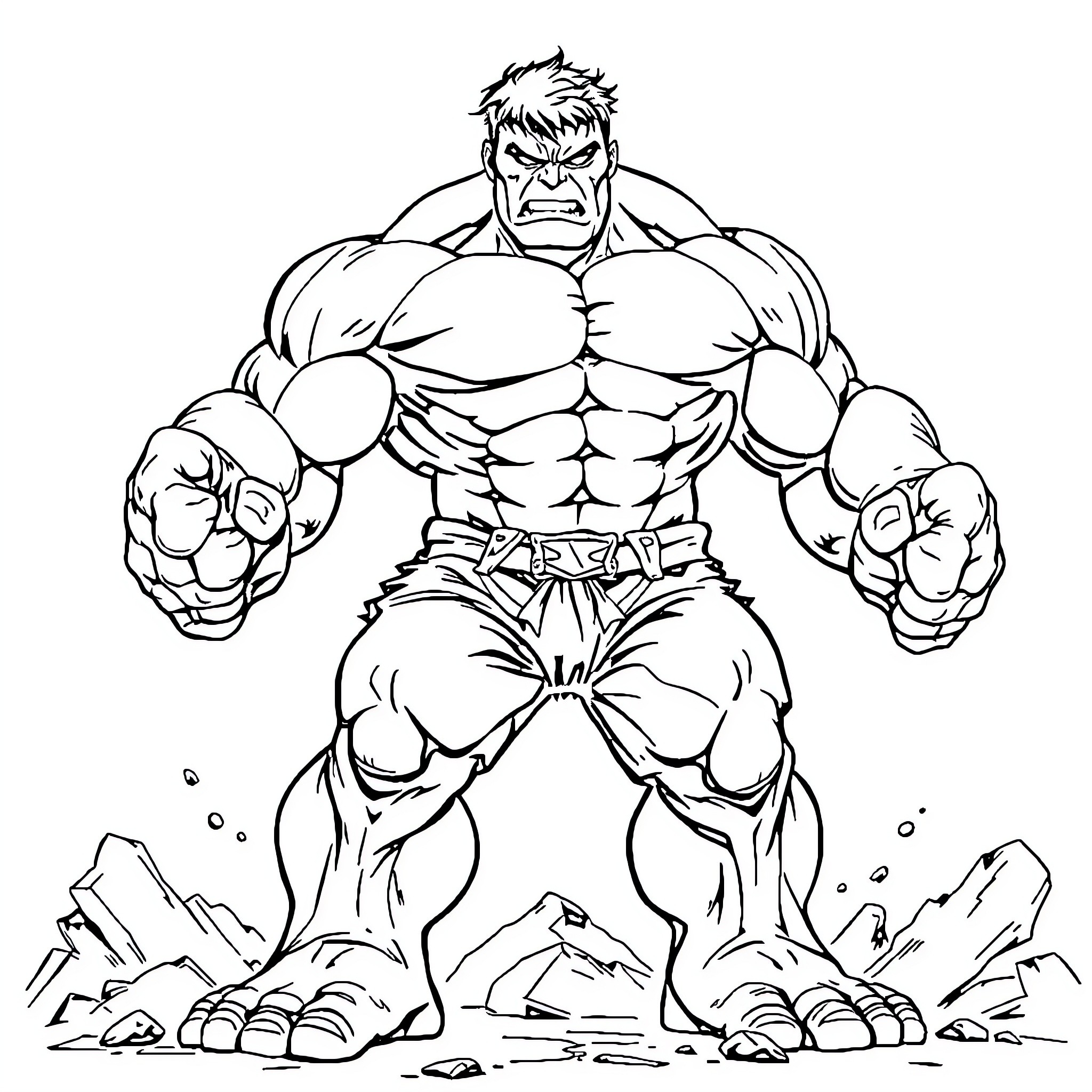 Hulk Unleashing Strength and Fury Coloring Page (free black-and-white line drawing printable PDF for all, from beginners to advanced learners, including children, teens, adults, and seniors)