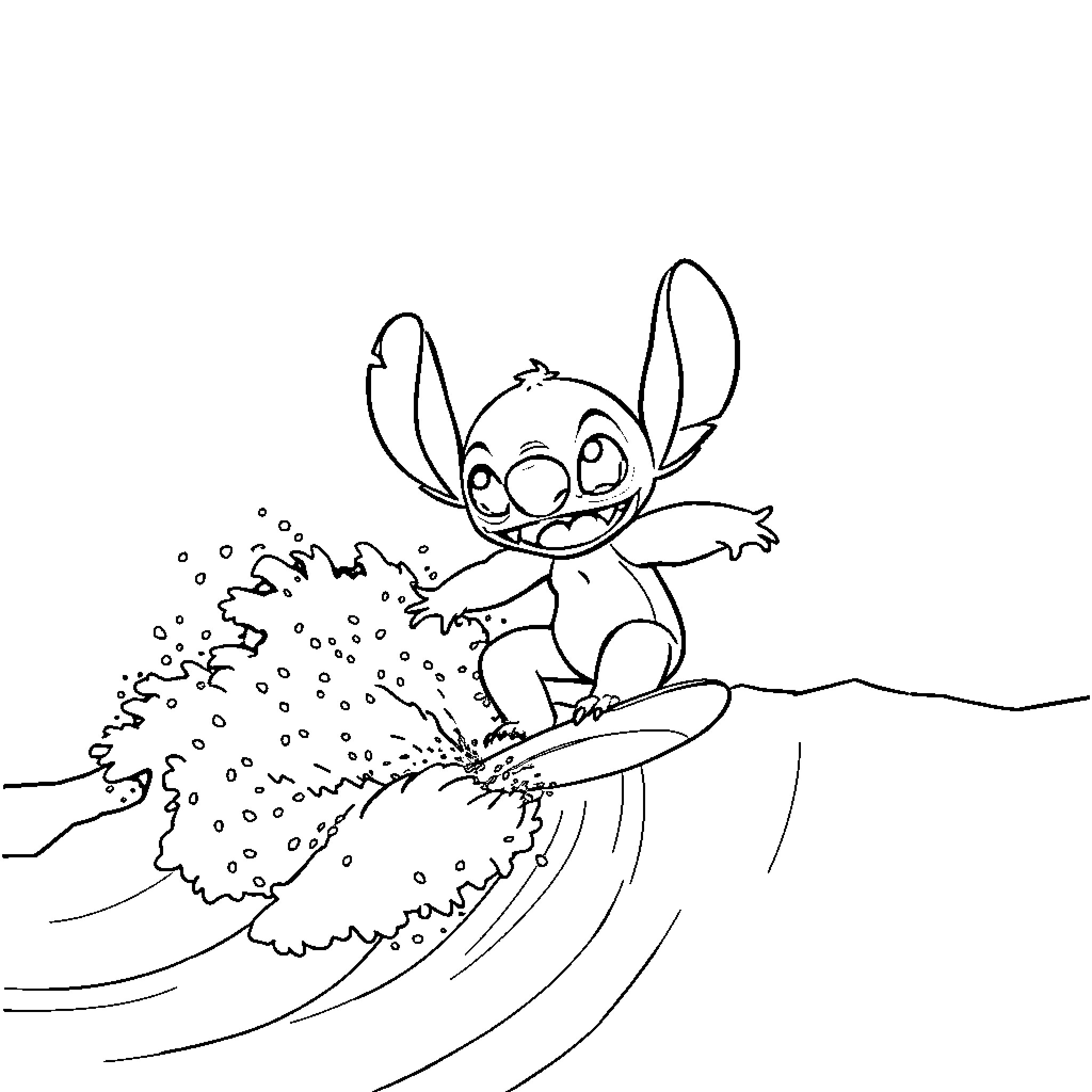Stitch surfing on a wave Coloring Page (free black-and-white line drawing printable PDF for all, from beginners to advanced learners, including children, teens, adults, and seniors)