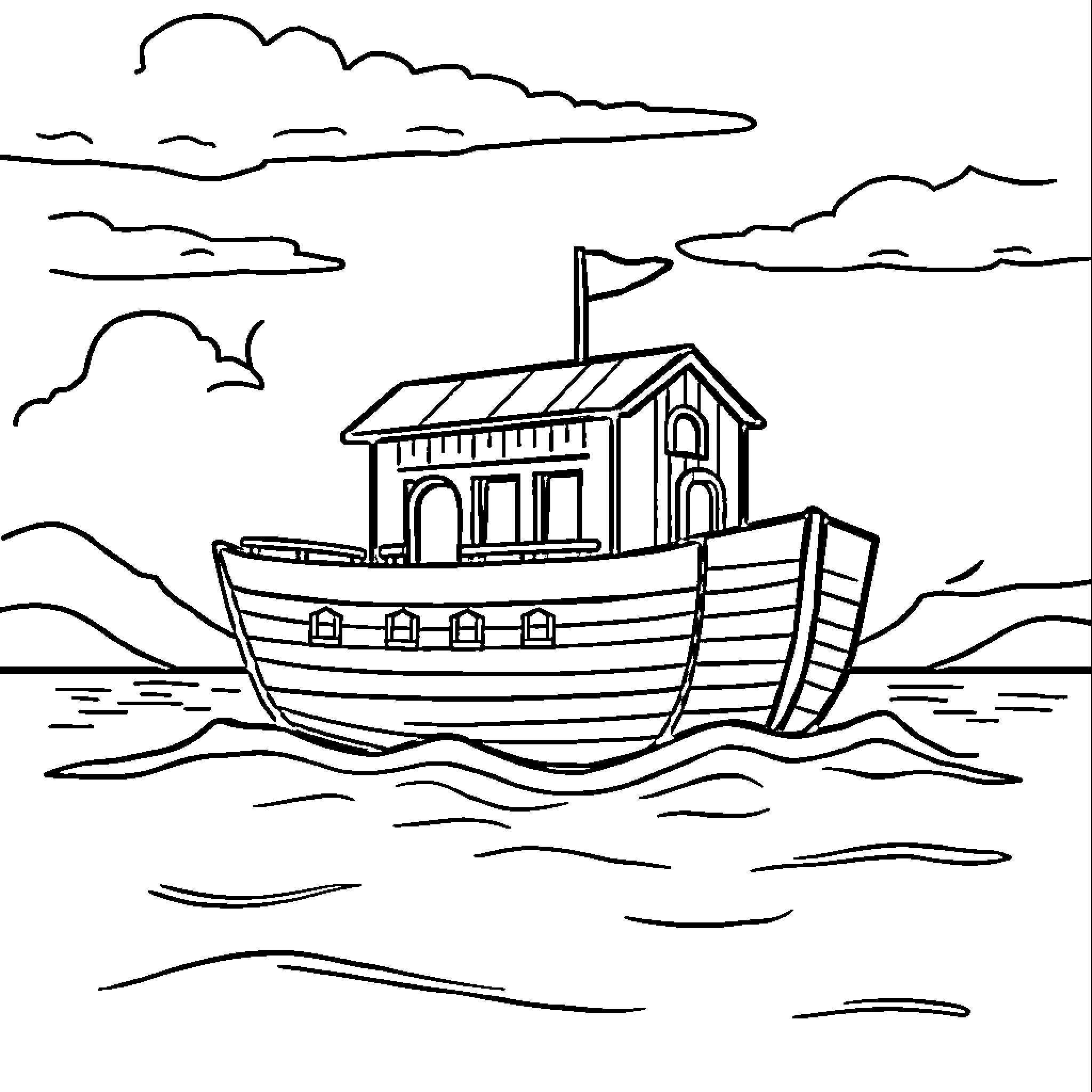 Rectangle ship sailing on the sea Coloring Page (free black-and-white line drawing printable PDF for all, from beginners to advanced learners, including children, teens, adults, and seniors)
