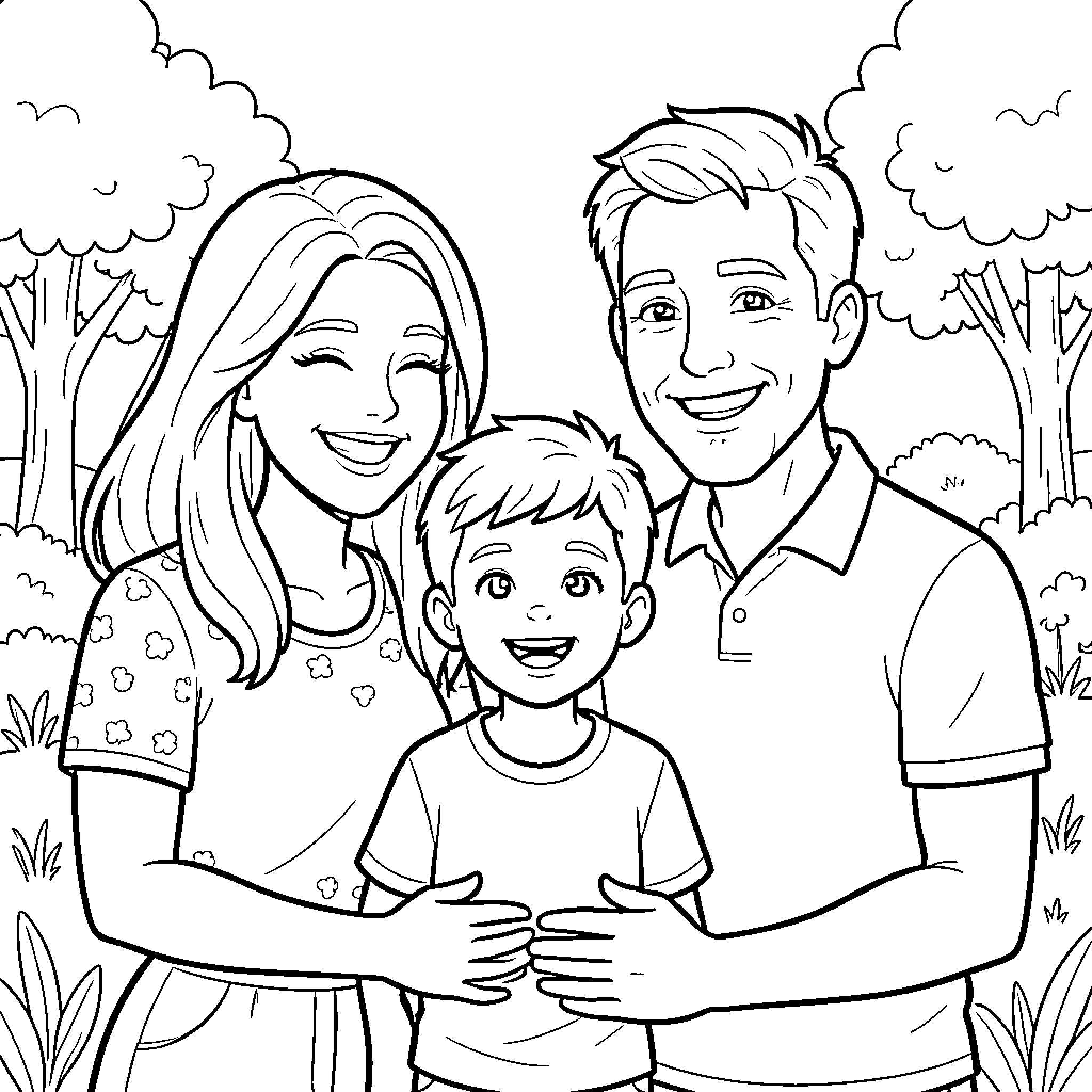 Family enjoying time outdoors in nature Coloring Page (free black-and-white line drawing printable PDF for all, from beginners to advanced learners, including children, teens, adults, and seniors)