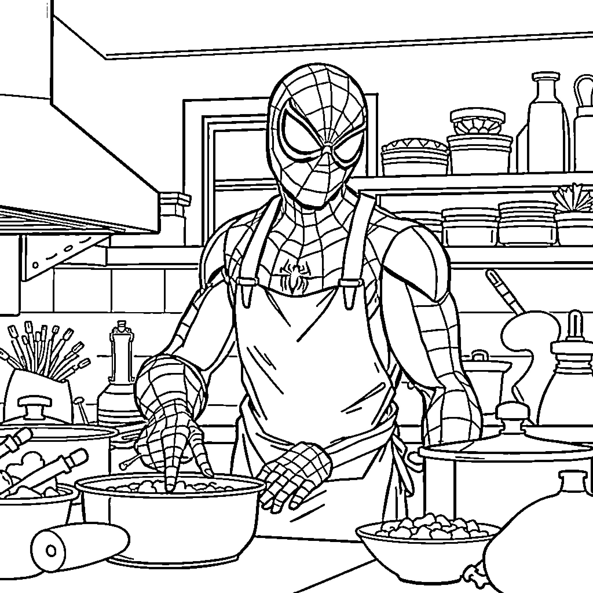 Spiderman cooking in the kitchen Coloring Page (free black-and-white line drawing printable PDF for all, from beginners to advanced learners, including children, teens, adults, and seniors)