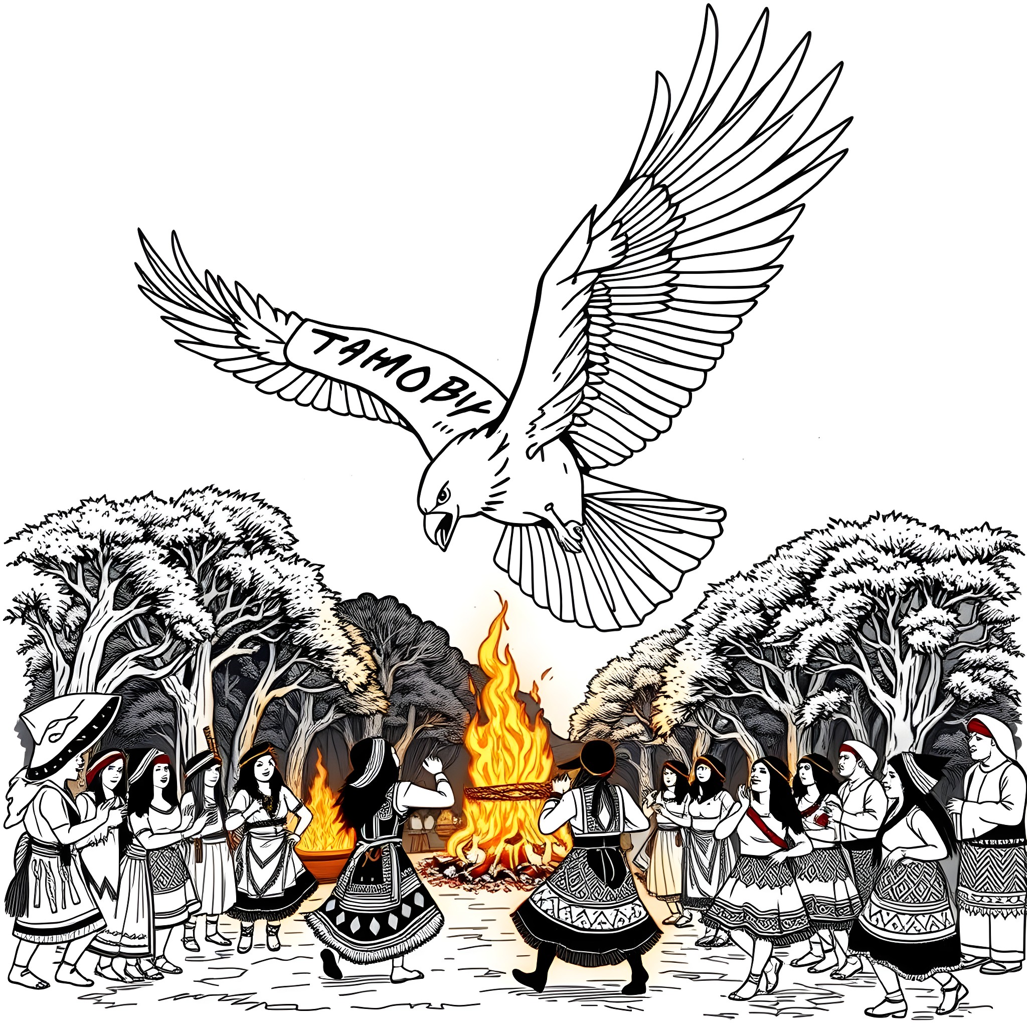 Thunderbird soaring over a ceremonial campfire gathering Coloring Page (free black-and-white line drawing printable PDF for all, from beginners to advanced learners, including children, teens, adults, and seniors)