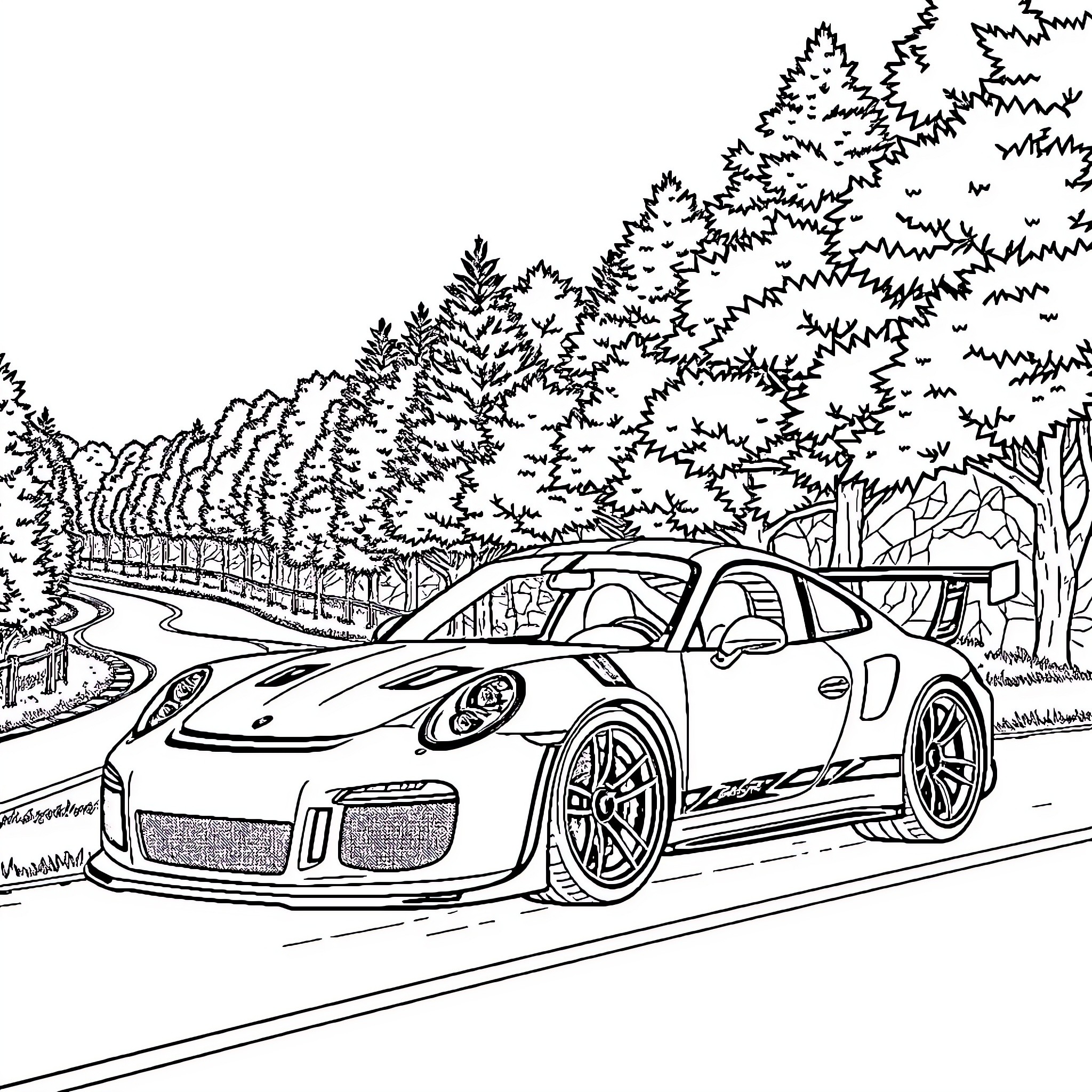 Porsche sports car driving on a scenic road Coloring Page (free black-and-white line drawing printable PDF for all, from beginners to advanced learners, including children, teens, adults, and seniors)
