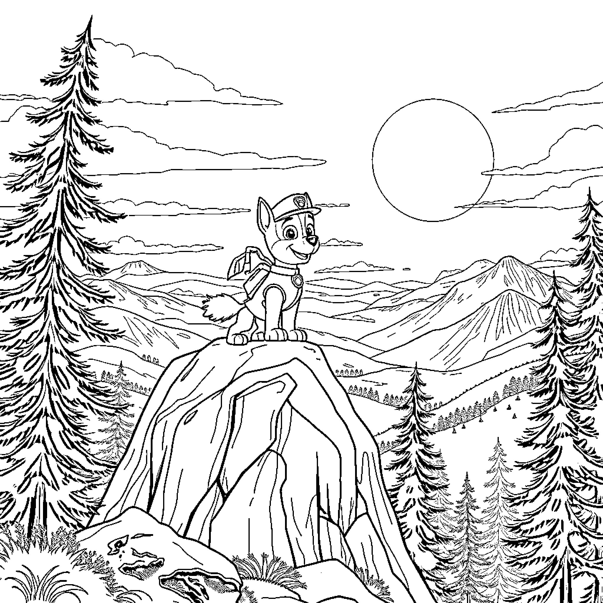 Paw Patrol pup exploring the mountain landscape Coloring Page (free black-and-white line drawing printable PDF for all, from beginners to advanced learners, including children, teens, adults, and seniors)