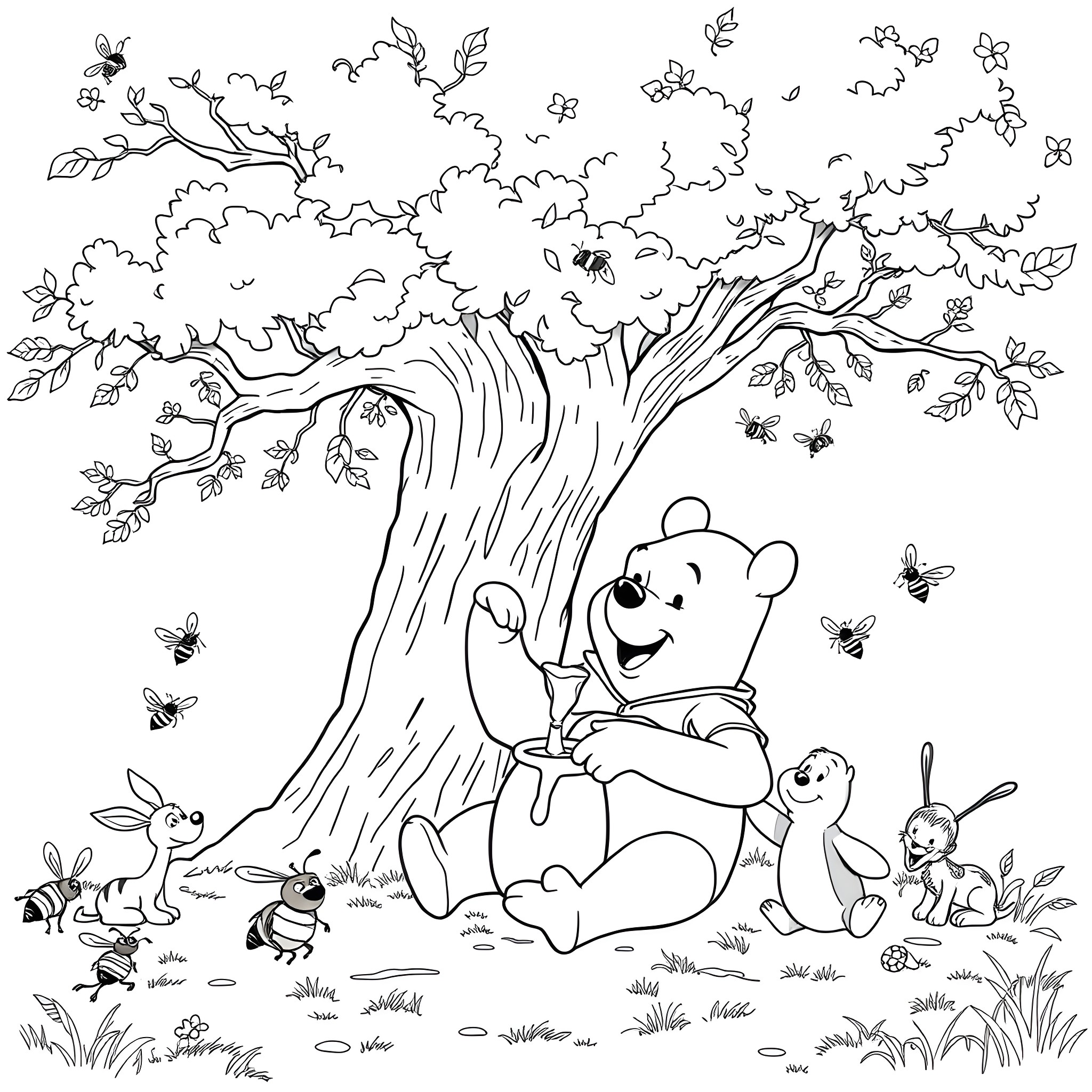 Winnie The Pooh and Friends Enjoying Nature Coloring Page (free black-and-white line drawing printable PDF for all, from beginners to advanced learners, including children, teens, adults, and seniors)