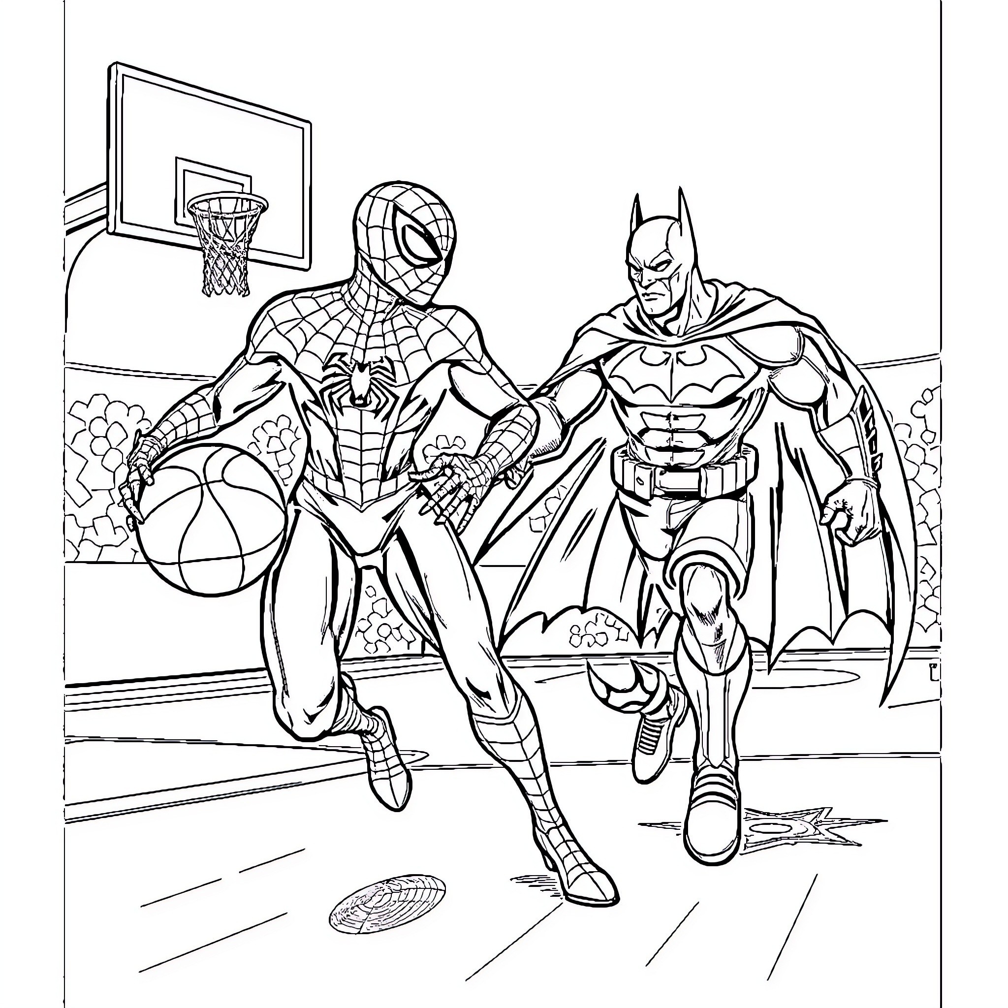 Spiderman and Batman playing basketball together Coloring Page (free black-and-white line drawing printable PDF for all, from beginners to advanced learners, including children, teens, adults, and seniors)