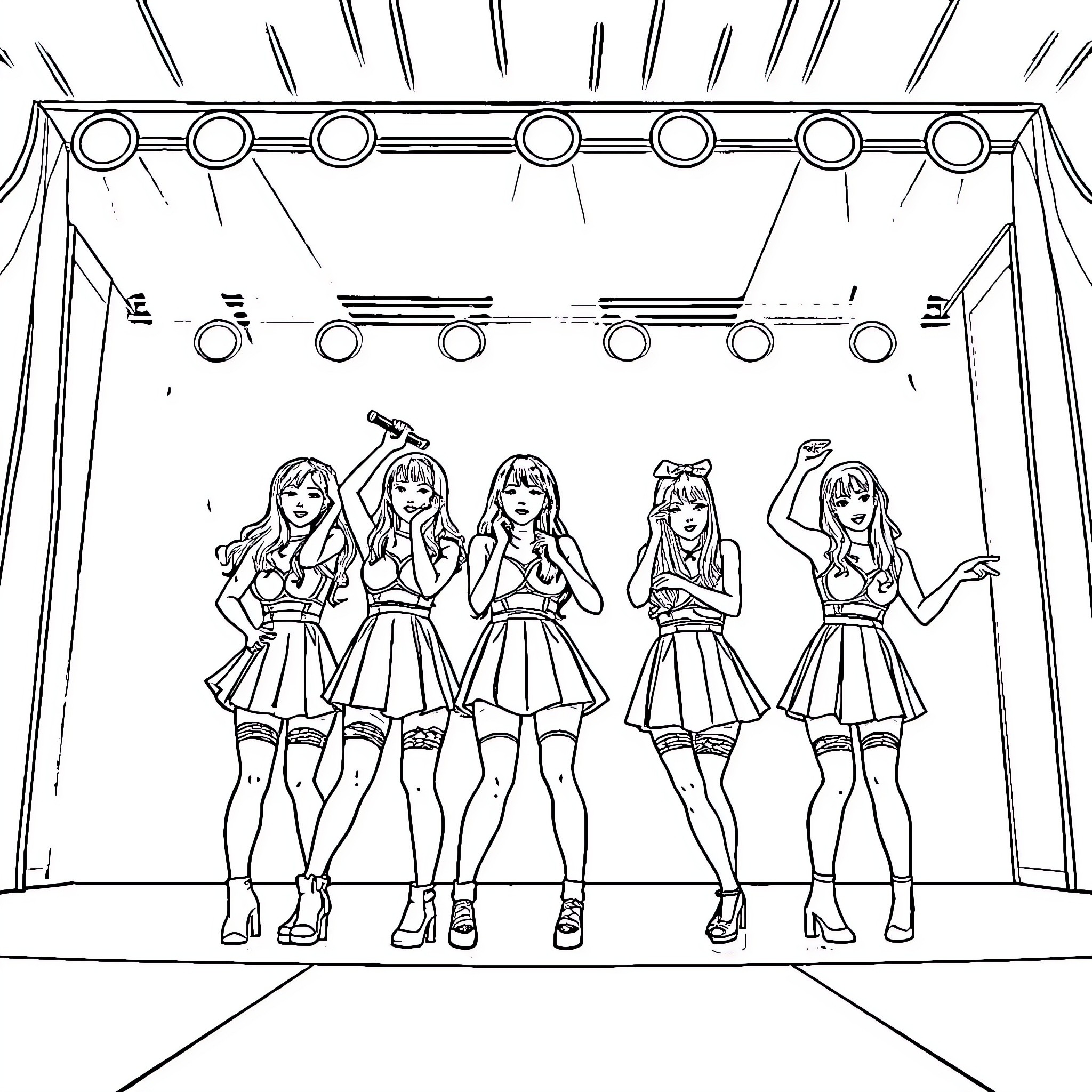 K-pop Girl Group Performing on Stage Coloring Page (free black-and-white line drawing printable PDF for all, from beginners to advanced learners, including children, teens, adults, and seniors)