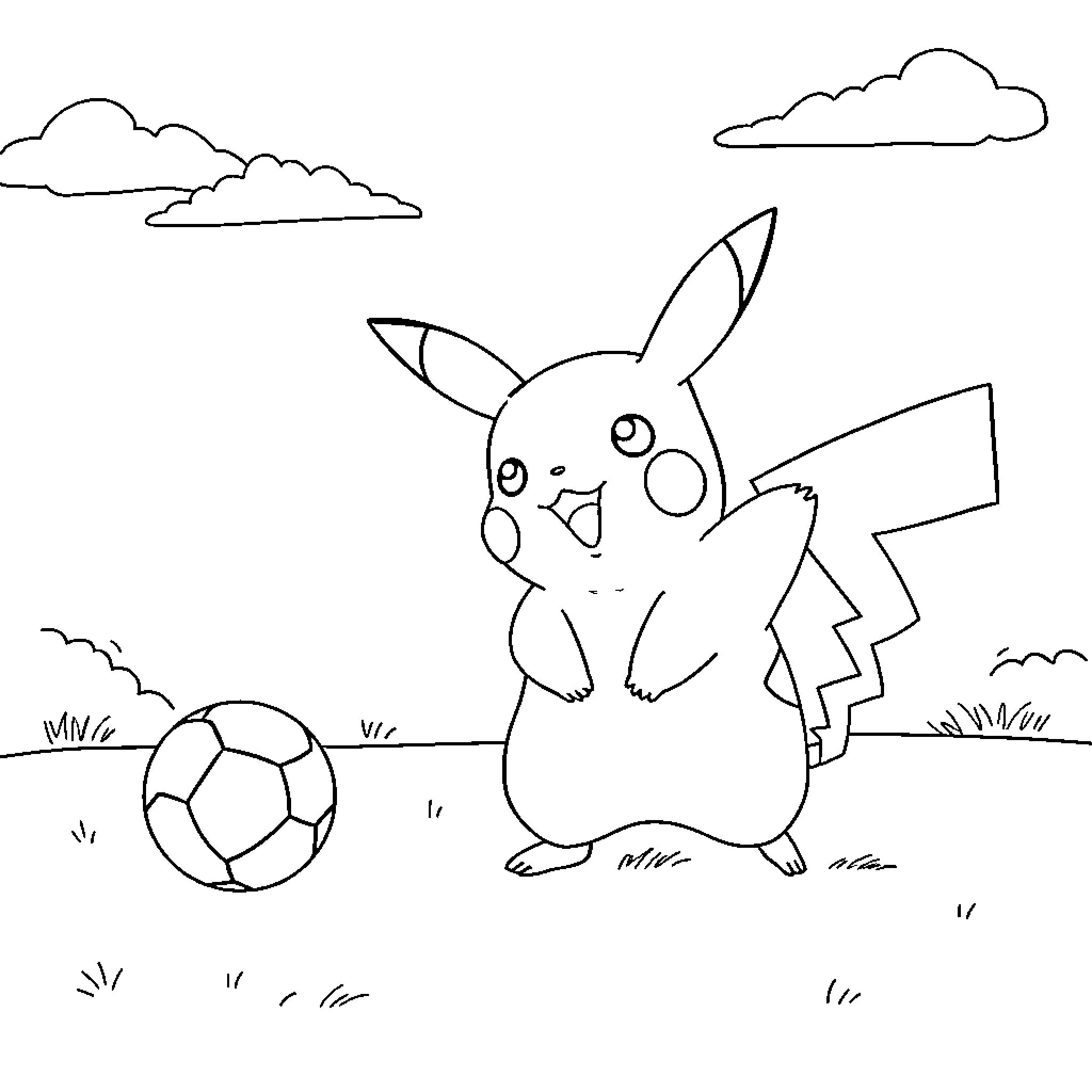Pikachu playing with a soccer ball in the park Coloring Page (free black-and-white line drawing printable PDF for all, from beginners to advanced learners, including children, teens, adults, and seniors)