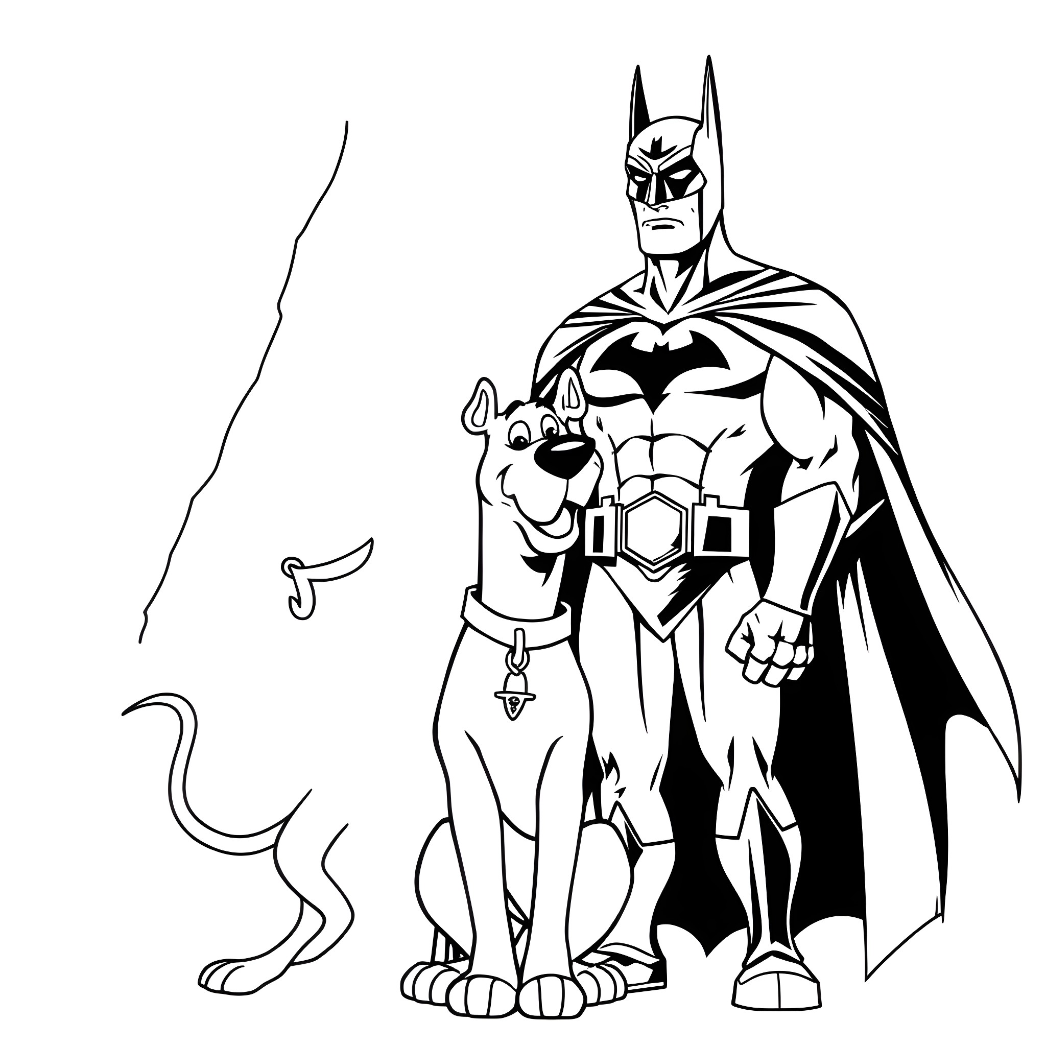 Scooby Doo and Batman facing adventure Coloring Page (free black-and-white line drawing printable PDF for all, from beginners to advanced learners, including children, teens, adults, and seniors)