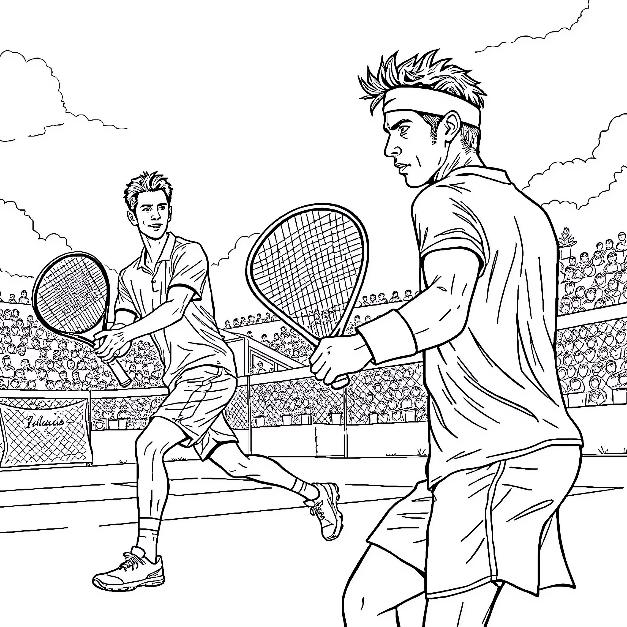 Tennis Players Engaged in Intense Match on Court Coloring Page (free black-and-white line drawing printable PDF for all, from beginners to advanced learners, including children, teens, adults, and seniors)