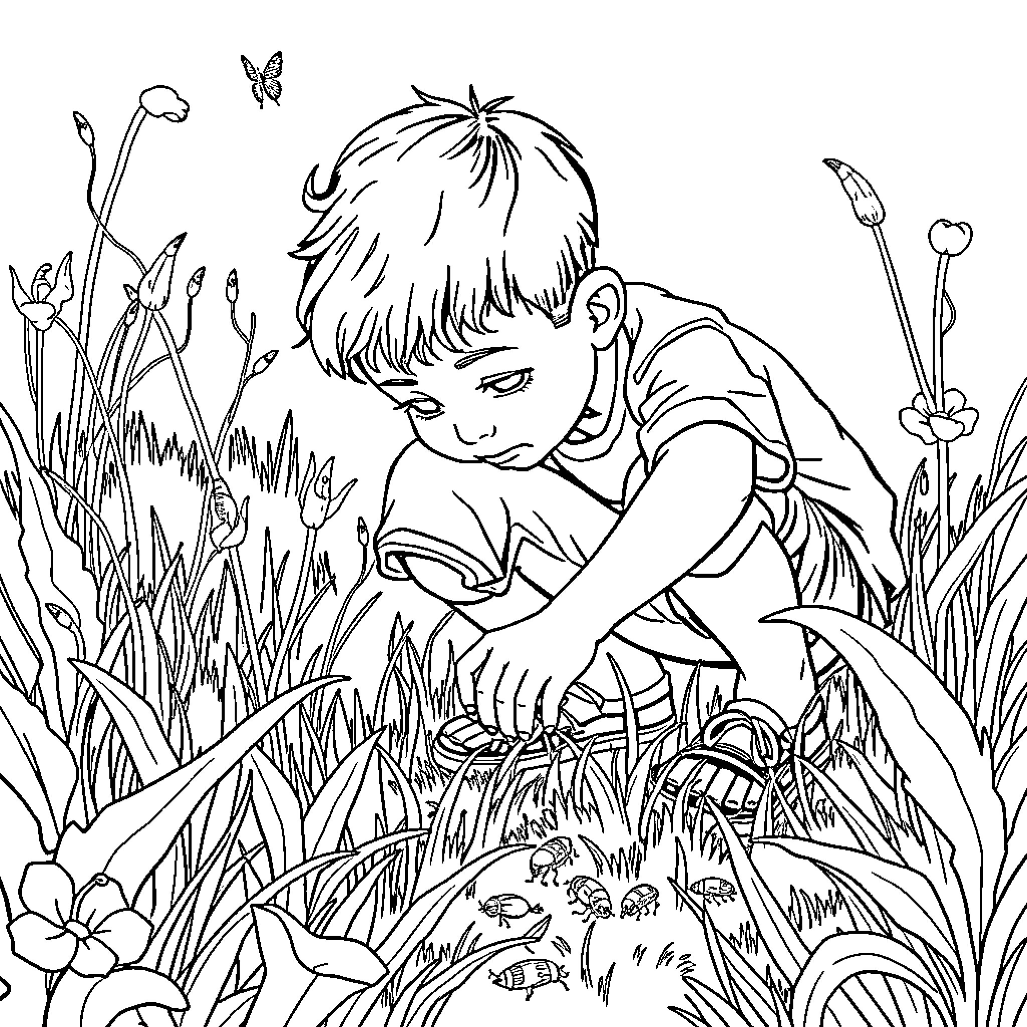Boy explores nature with wonder and curiosity Coloring Page (free black-and-white line drawing printable PDF for all, from beginners to advanced learners, including children, teens, adults, and seniors)