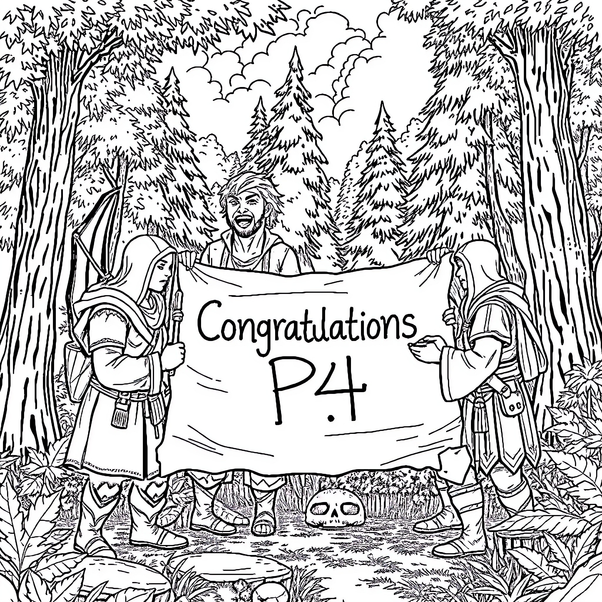 Dungeon Warriors Celebrating Victory in the Forest Coloring Page (free black-and-white line drawing printable PDF for all, from beginners to advanced learners, including children, teens, adults, and seniors)