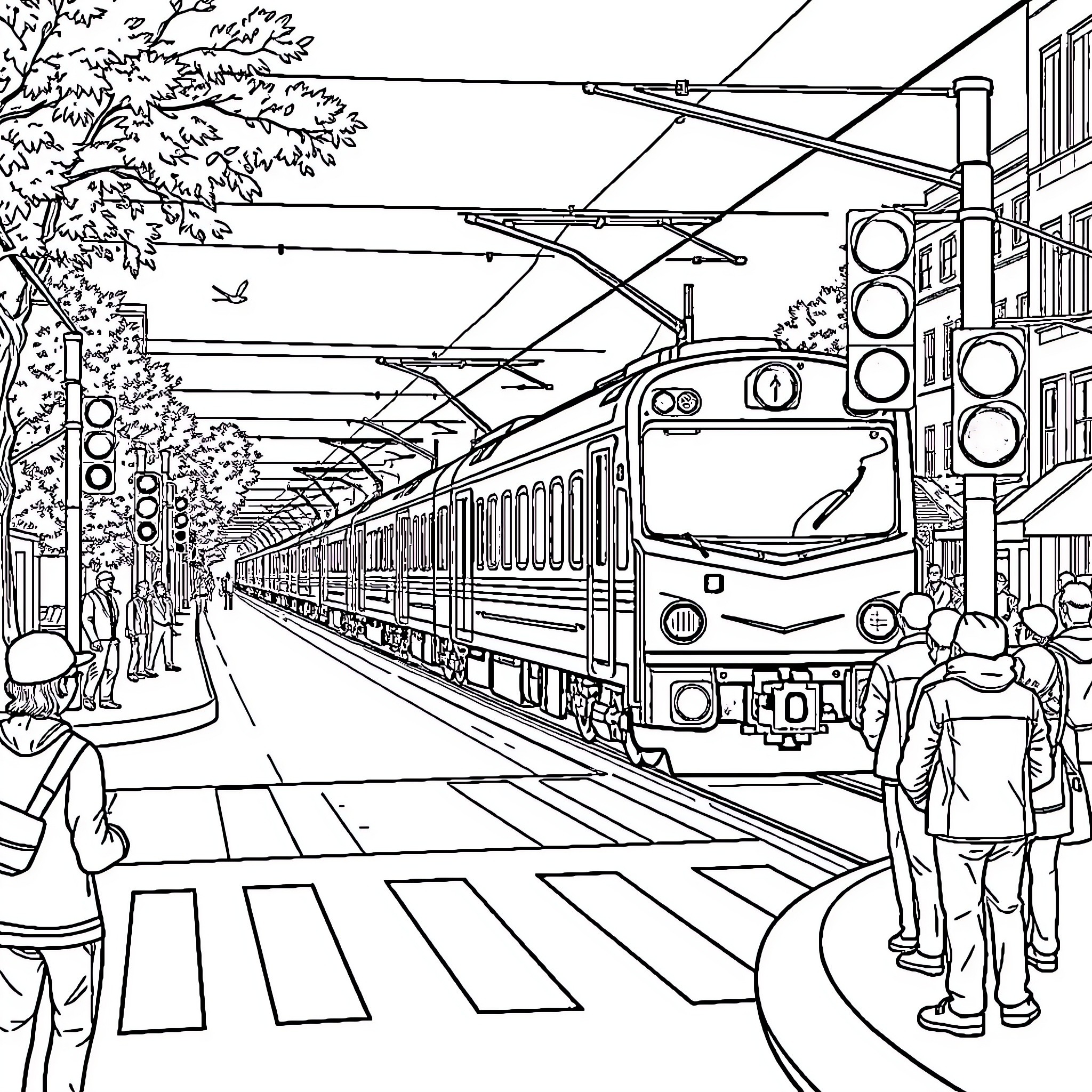 Train arriving at bustling urban station Coloring Page (free black-and-white line drawing printable PDF for all, from beginners to advanced learners, including children, teens, adults, and seniors)