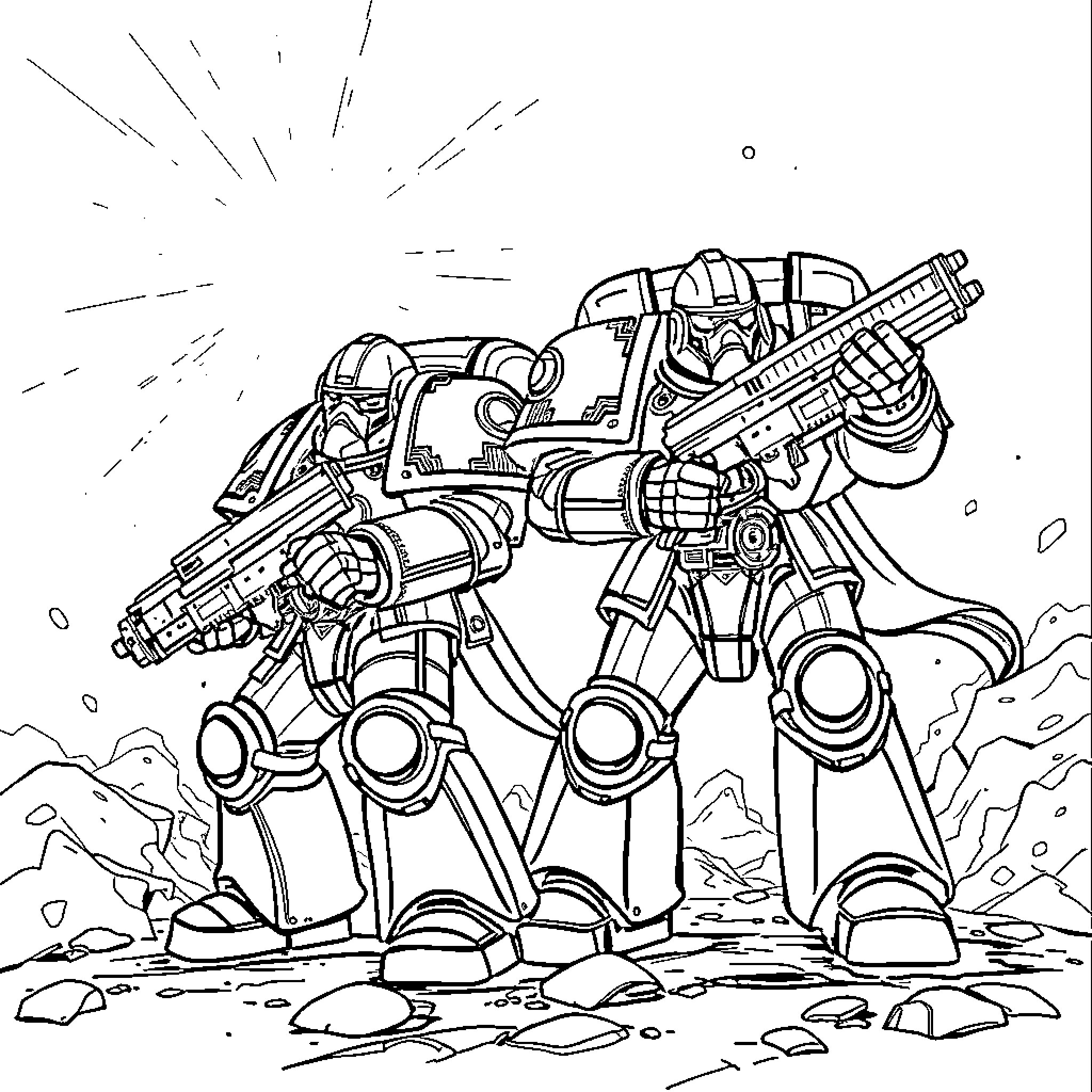 Space Marine Warrior Battling with Advanced Weaponry Coloring Page (free black-and-white line drawing printable PDF for all, from beginners to advanced learners, including children, teens, adults, and seniors)