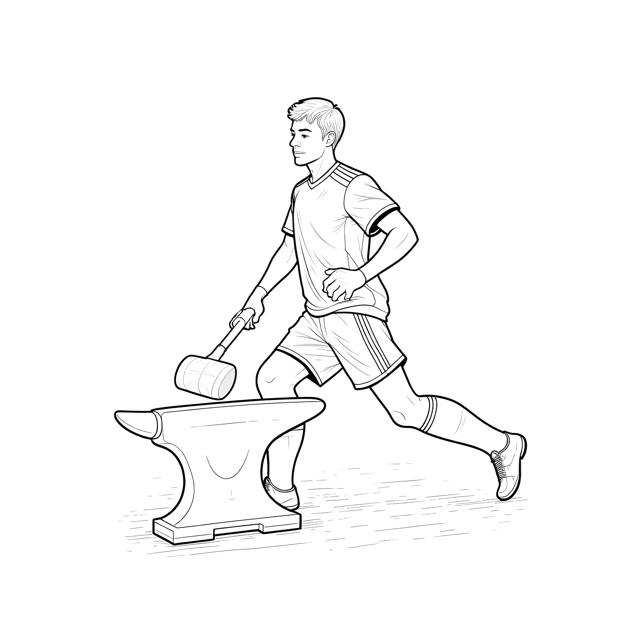 Soccer Player Kicking Ball on Anvil Coloring Page (free black-and-white line drawing printable PDF for all, from beginners to advanced learners, including children, teens, adults, and seniors)