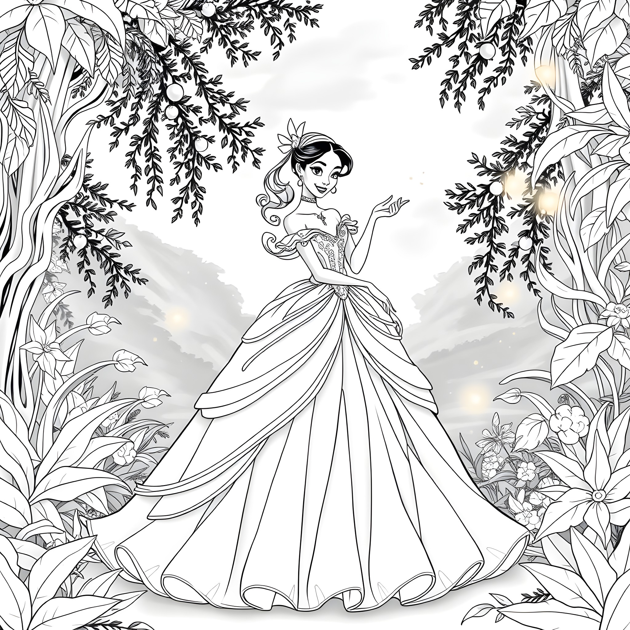 Tiana in a beautiful dress in a lush garden Coloring Page (free black-and-white line drawing printable PDF for all, from beginners to advanced learners, including children, teens, adults, and seniors)