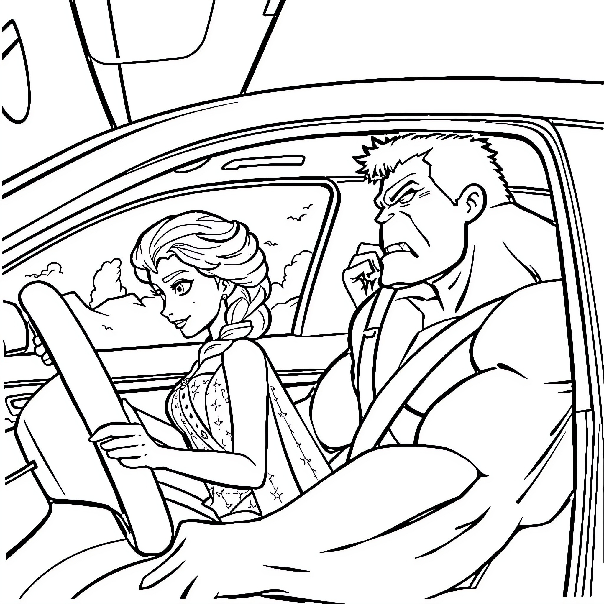 Elsa and Olaf traveling in a car Coloring Page (free black-and-white line drawing printable PDF for all, from beginners to advanced learners, including children, teens, adults, and seniors)