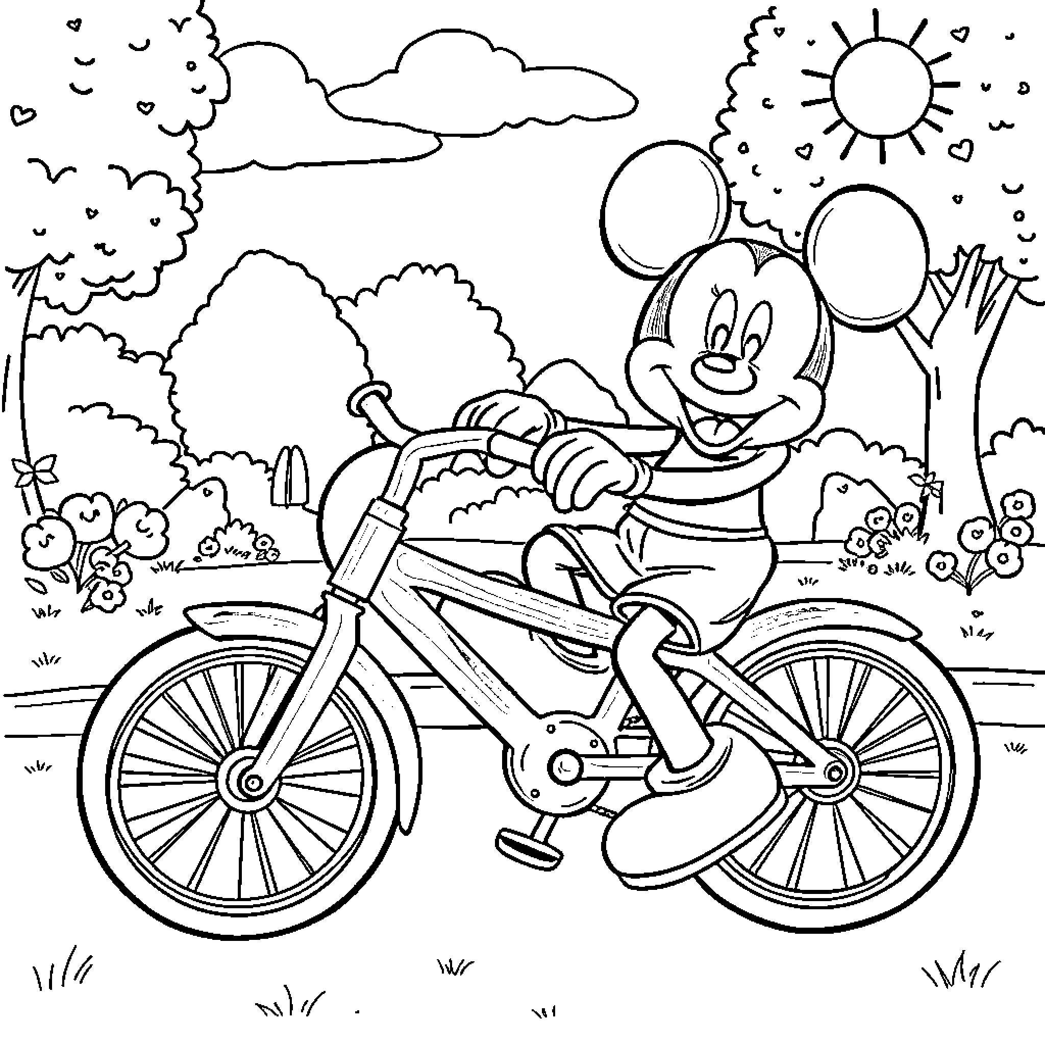Mickey Mouse cycling in the park Coloring Page (free black-and-white line drawing printable PDF for all, from beginners to advanced learners, including children, teens, adults, and seniors)