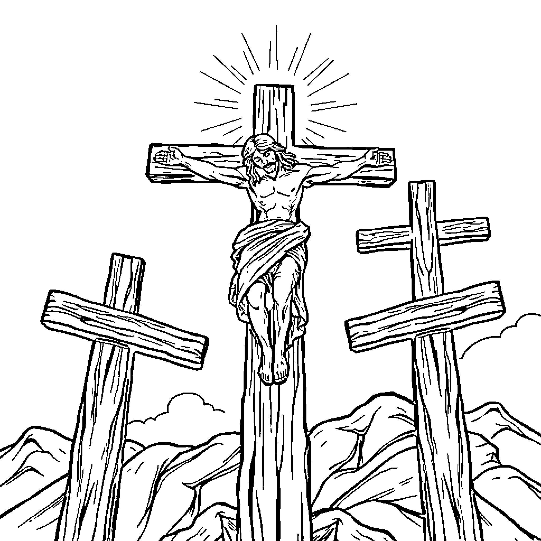Crucifixion of Christ on the Cross Coloring Page (free black-and-white line drawing printable PDF for all, from beginners to advanced learners, including children, teens, adults, and seniors)